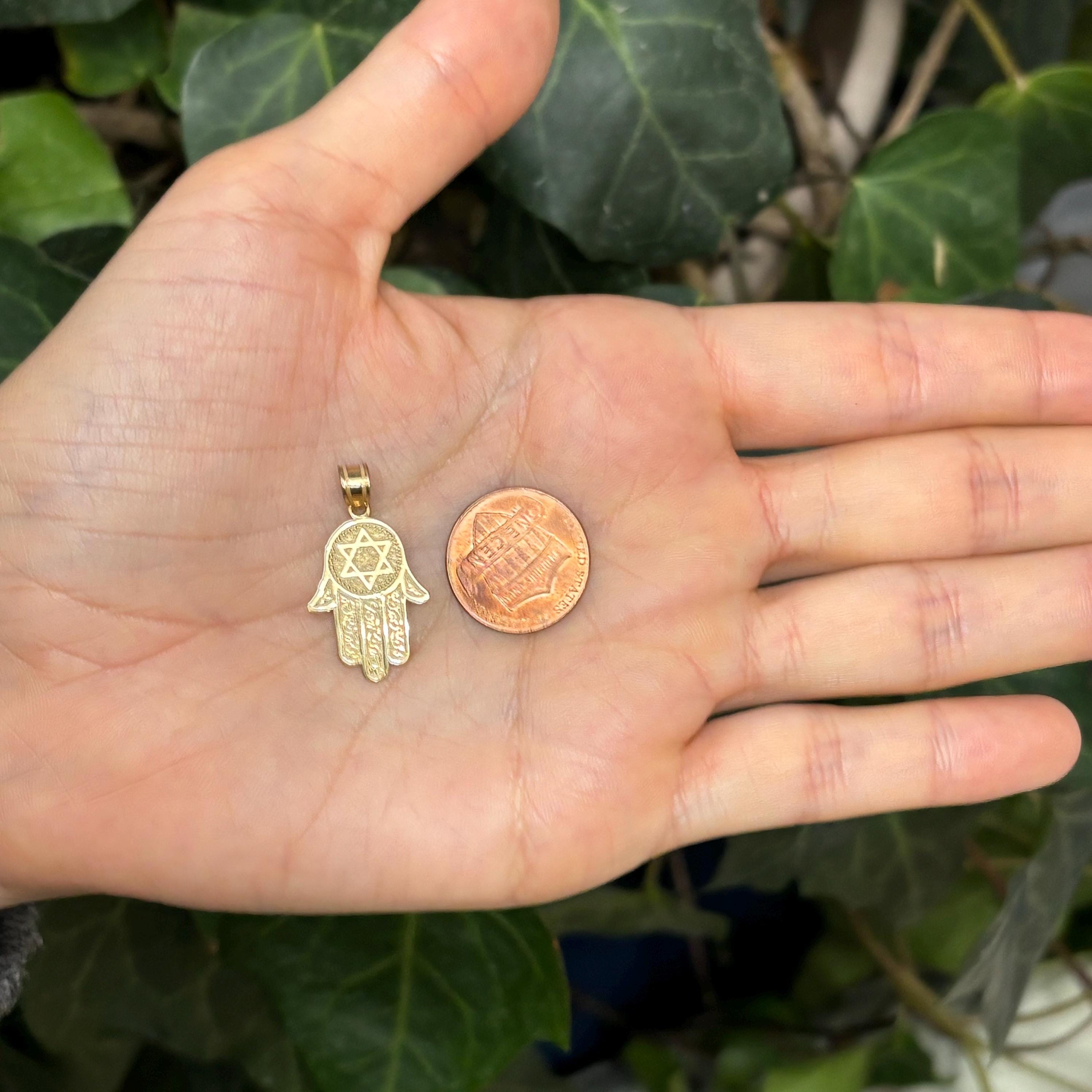 10K Yellow Gold Hamsa Chamseh Star of David Detailed Pendant