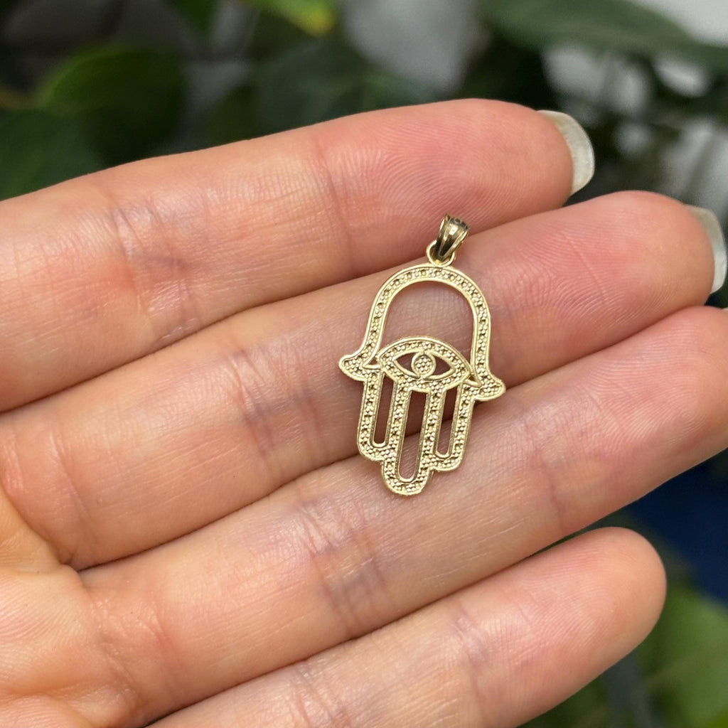 14K Yellow Gold Hamsa Chamseh Detailed Filigree Pendant Two Tone