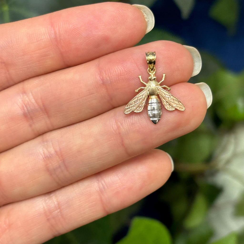 14K Yellow Gold Tri Color Bee Wasp Bug Detailed Charm Pendant