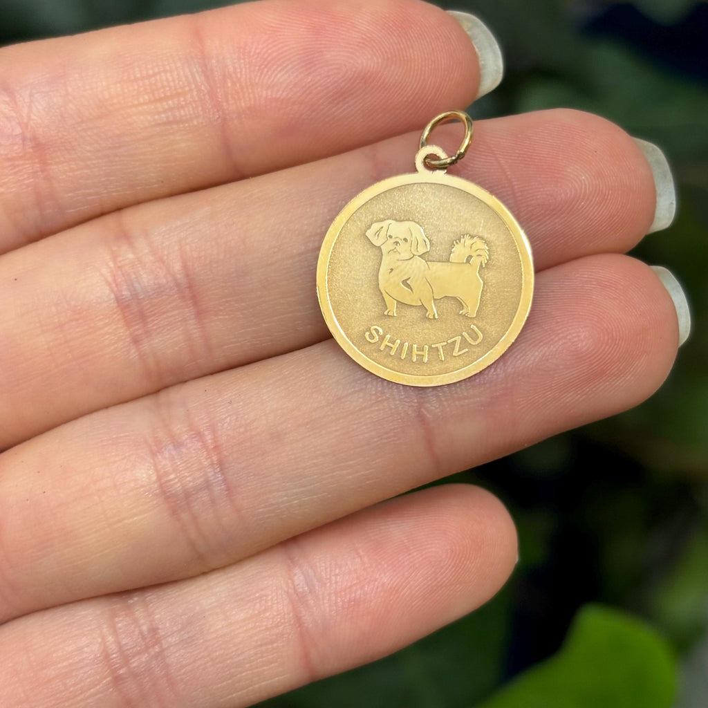 14K Yellow Gold Shih Tzu Dog Shiny and Matte Detailed Charm Pendant