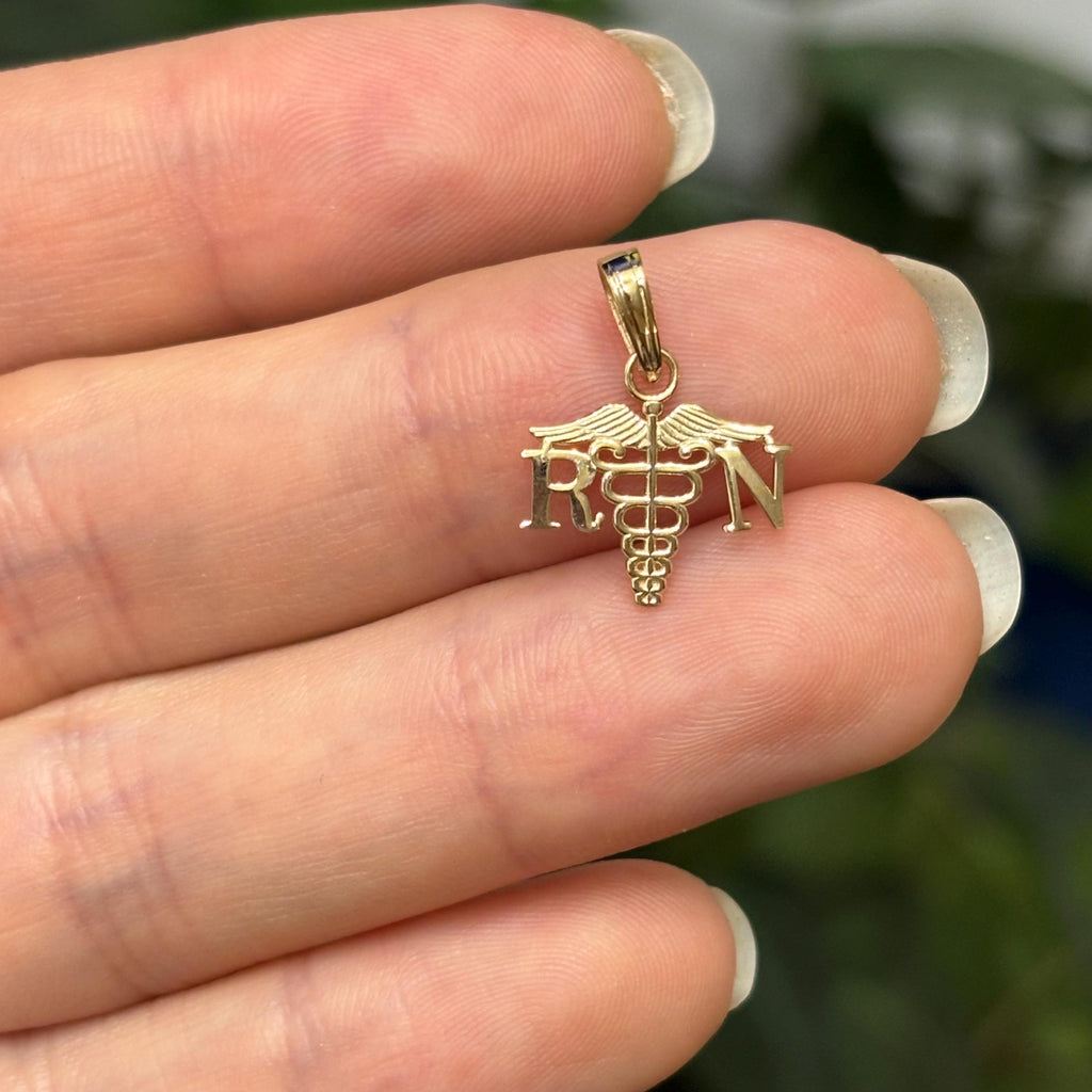 14K Yellow Gold RN Caduceus Nurse Detailed Charm Pendant