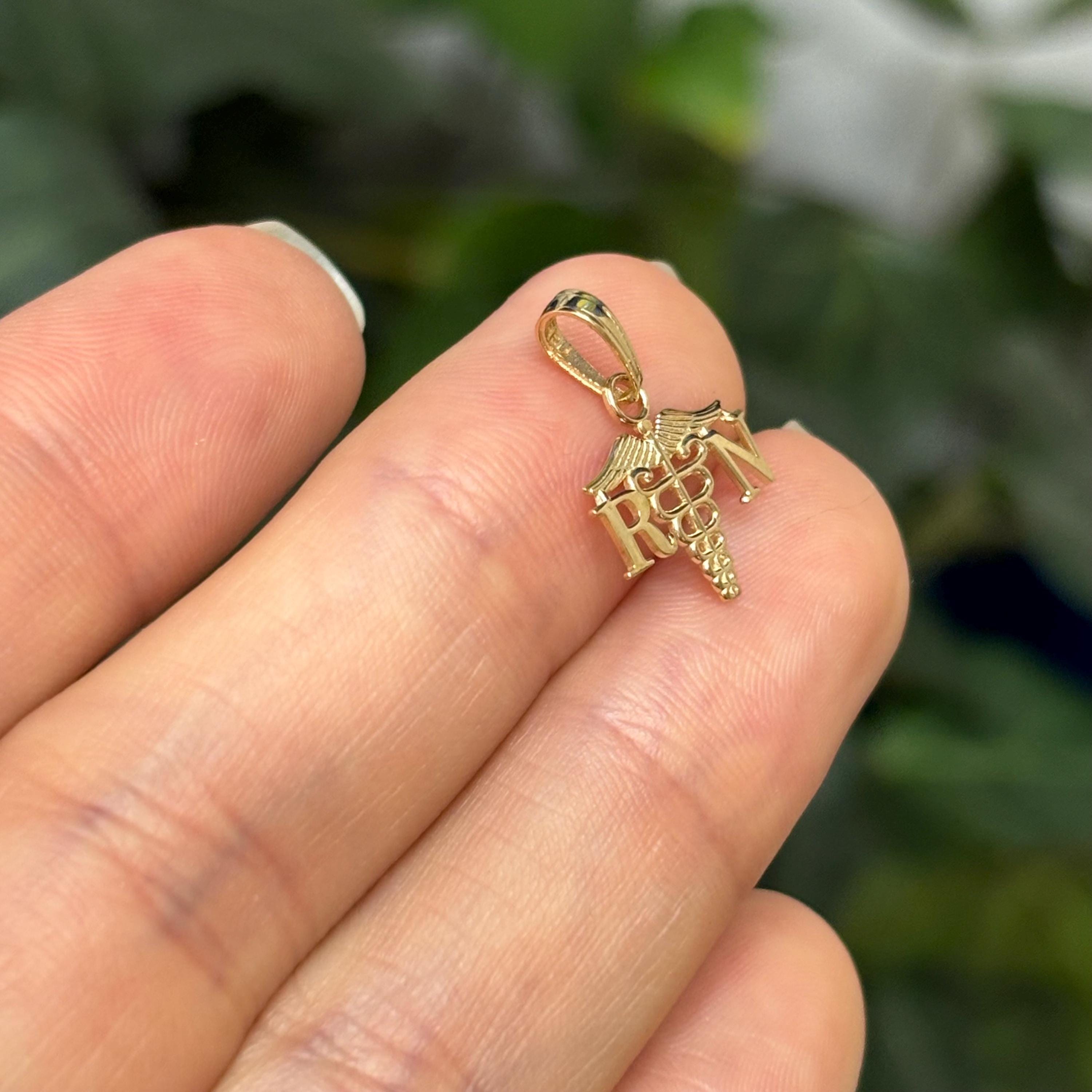 14K Yellow Gold RN Caduceus Nurse Detailed Charm Pendant