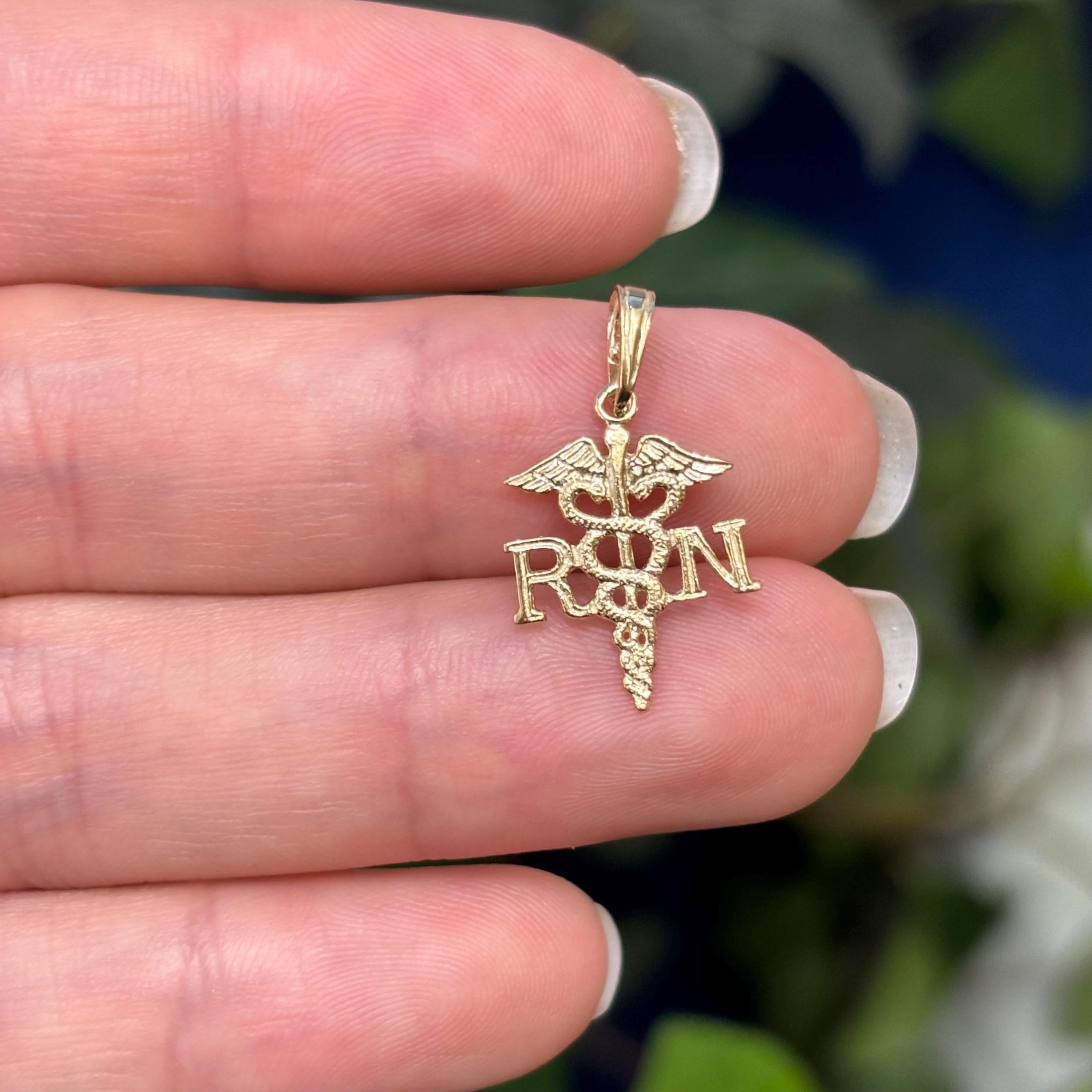 10K Yellow Gold RN Caduceus Nurse Detailed Charm Pendant