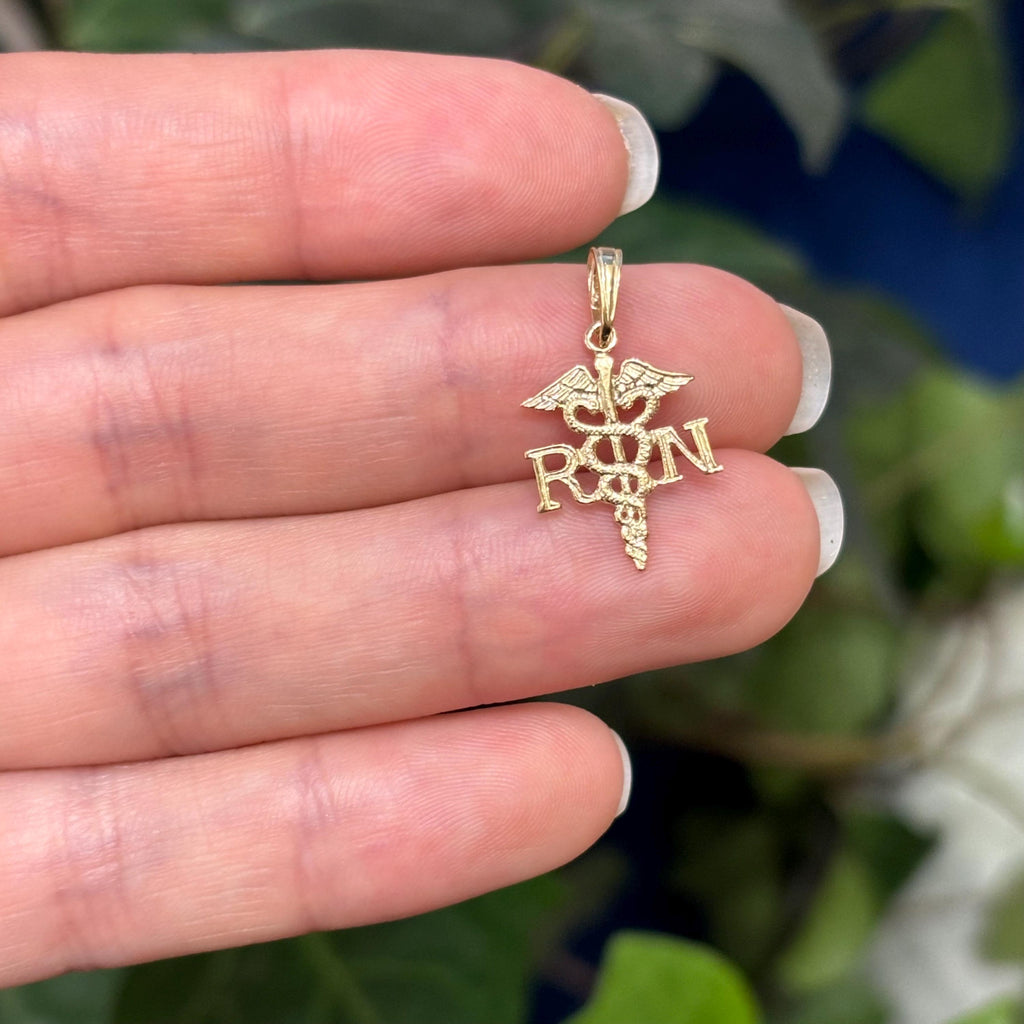 10K Yellow Gold RN Caduceus Nurse Detailed Charm Pendant