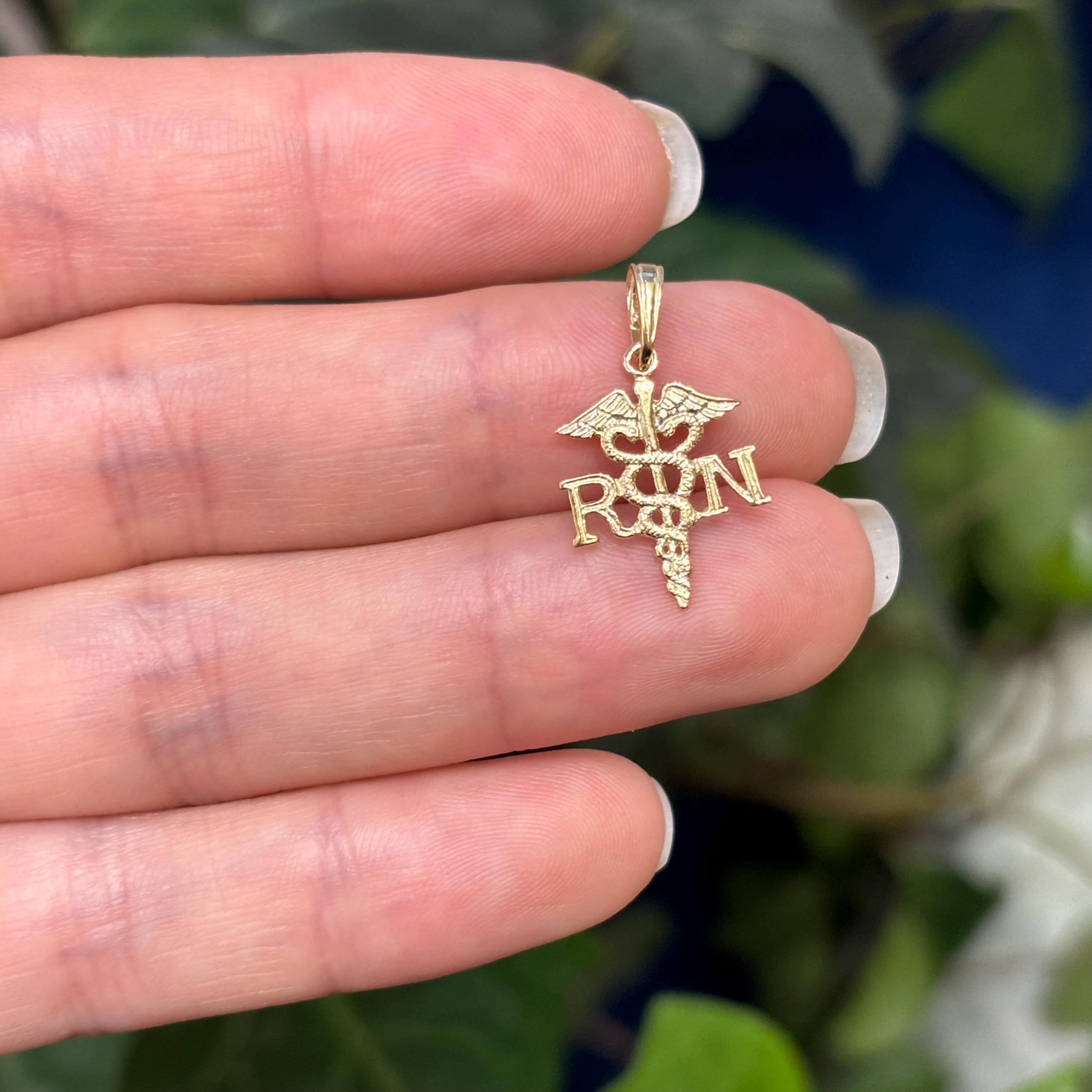 10K Yellow Gold RN Caduceus Nurse Detailed Charm Pendant