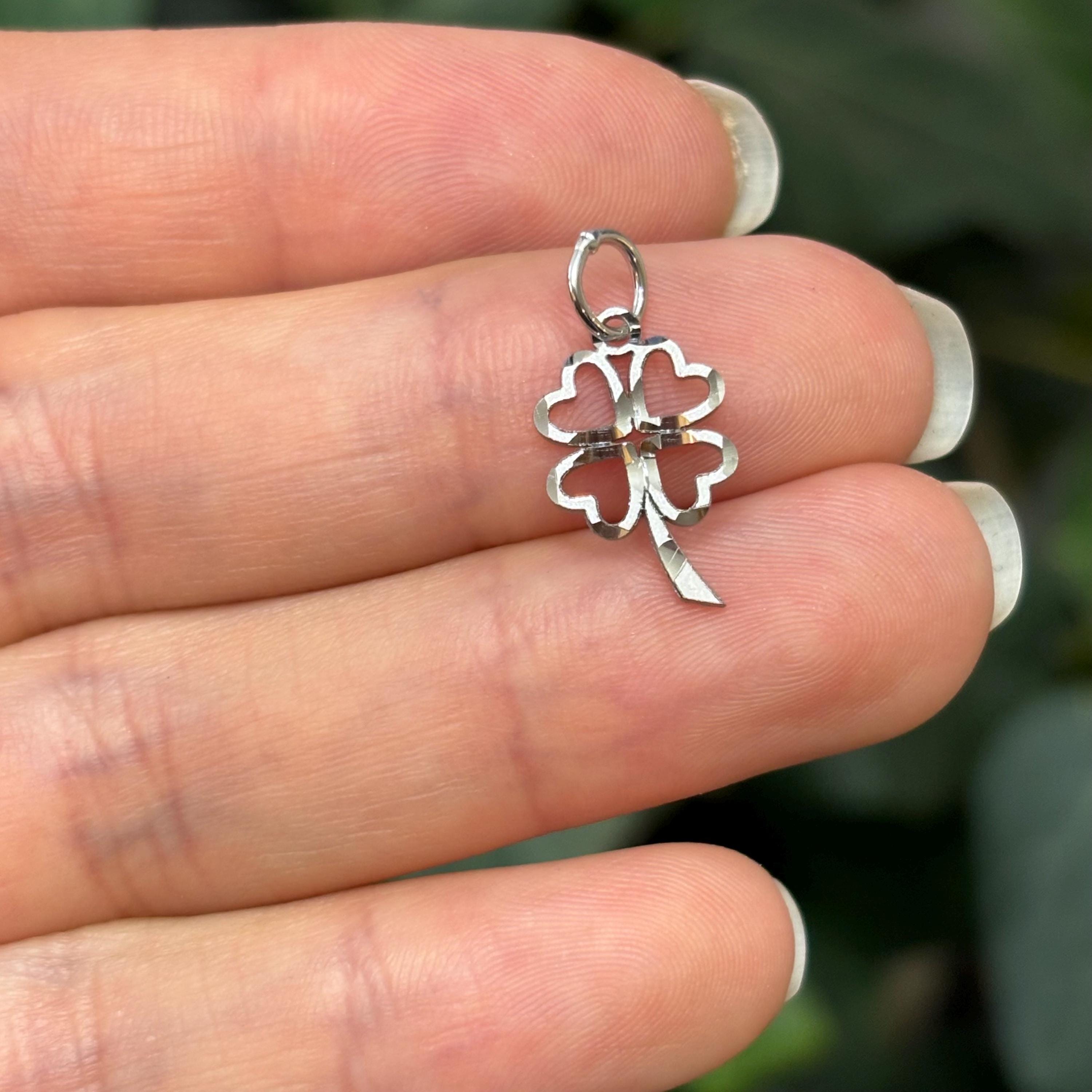 10k White Gold Irish 4 Leaf Clover Shamrock Heart Design Detailed Charm Pendant