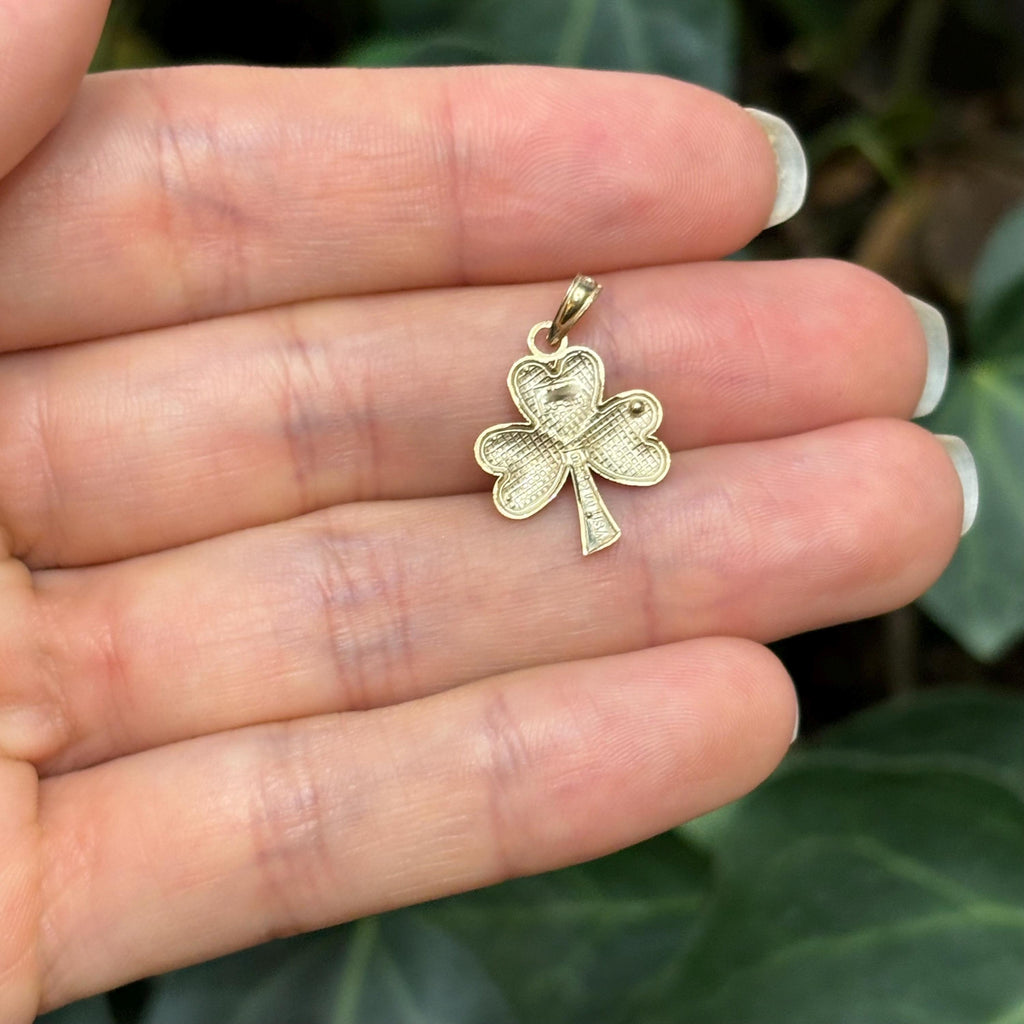 10k Yellow Gold Irish 3 Leaf Clover Shamrock Heart Design Detailed Charm Pendant