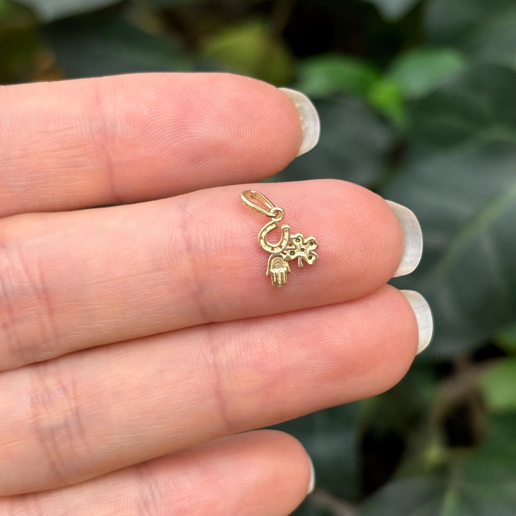 10k Yellow Gold Irish 3 Charm Clover Shamrock Horseshoe Hamsa Design Detailed Charm Pendant