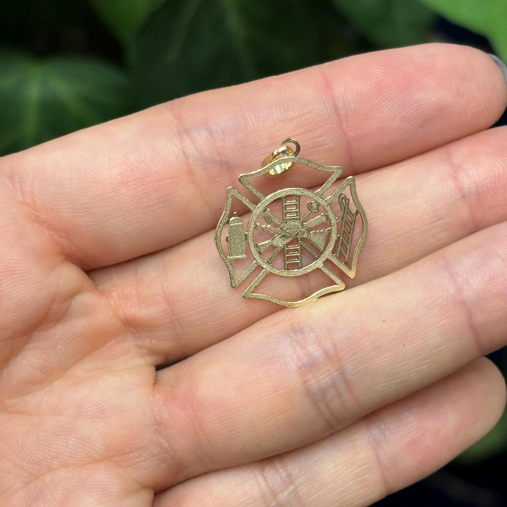 10K Yellow Gold Firefighter Shield Badge Medal Pendant