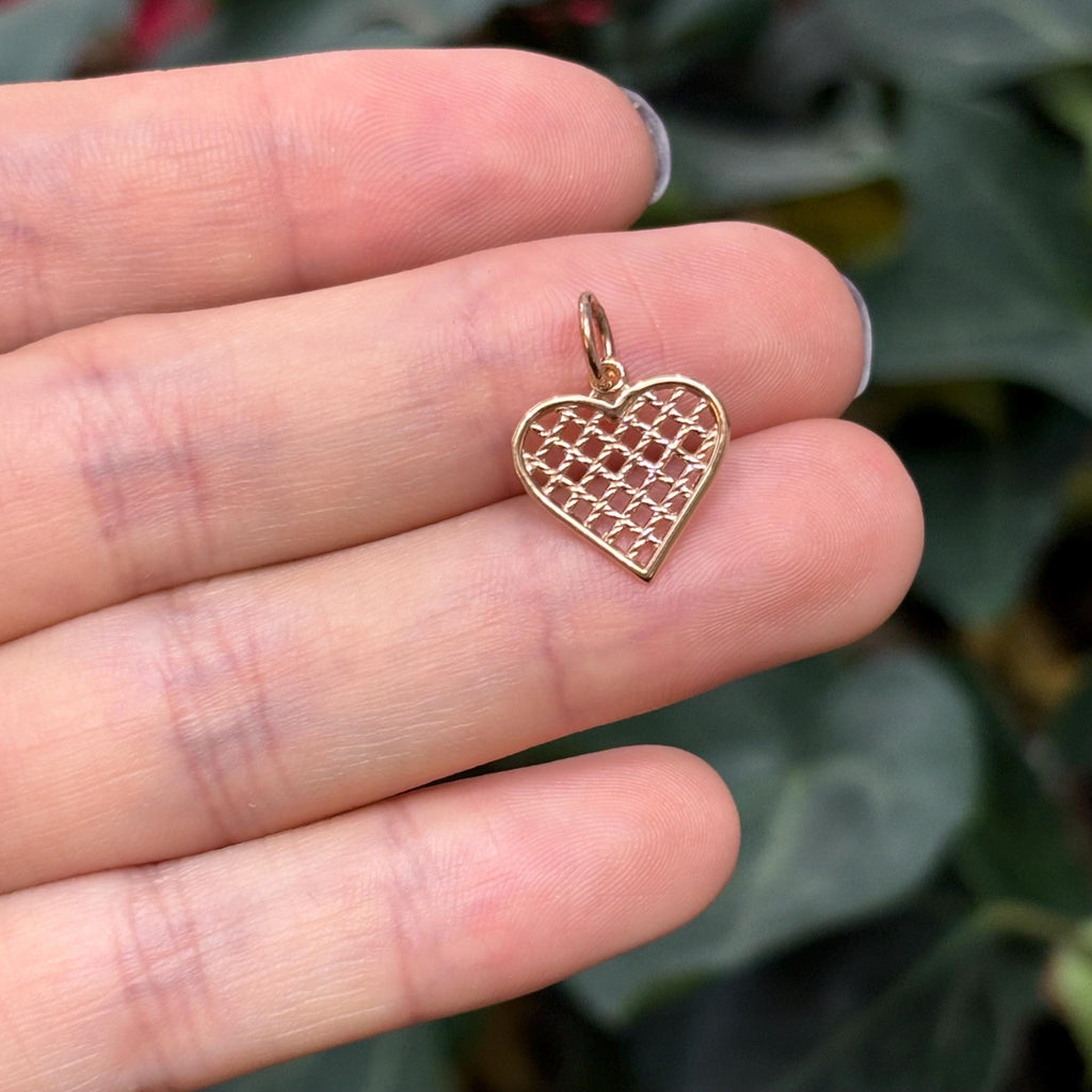 10K Rose Gold Heart Basketweave Design Detailed Charm Pendant Small