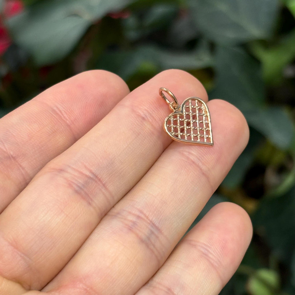 10K Rose Gold Heart Basketweave Design Detailed Charm Pendant Small