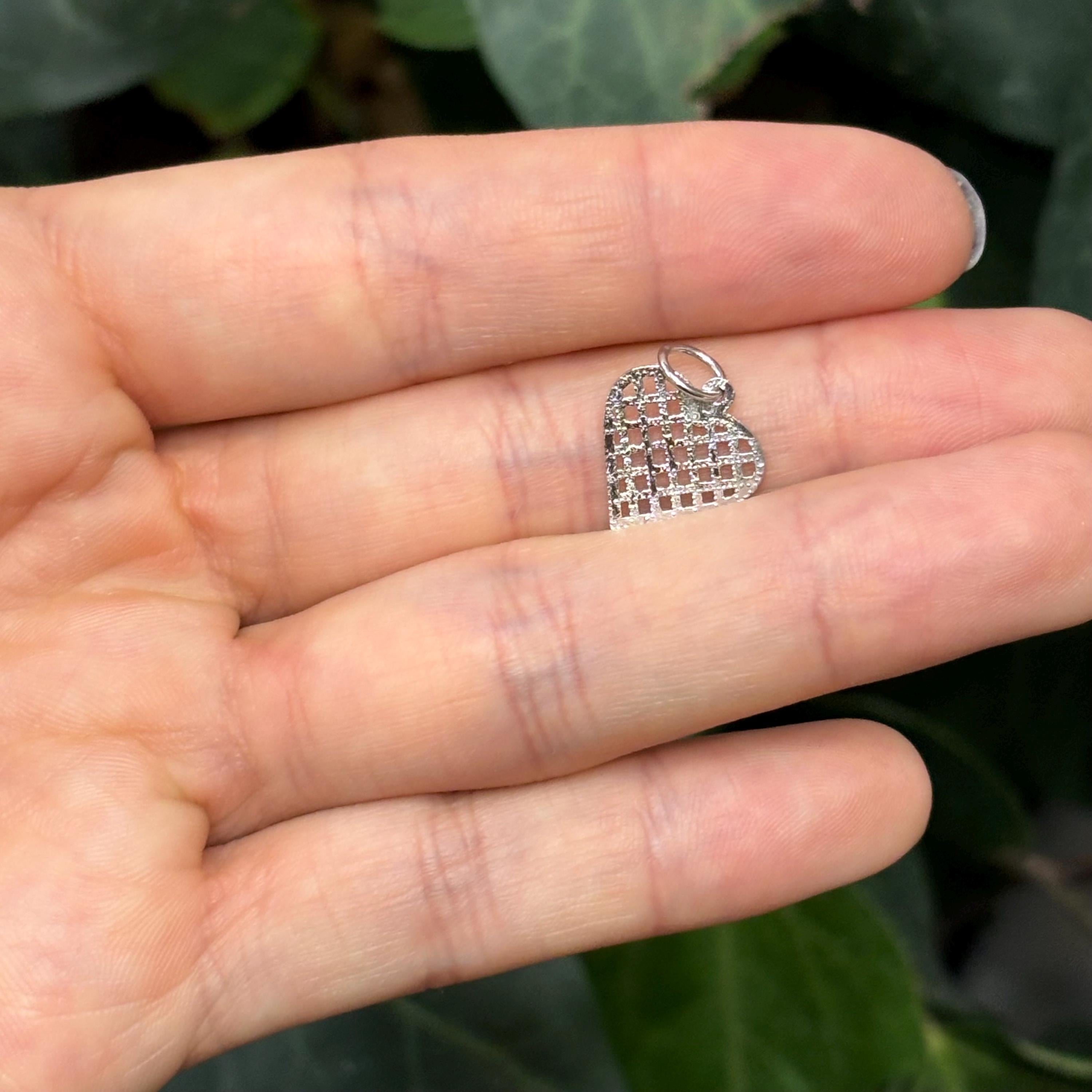 10K White Gold Heart Basketweave Design Detailed Charm Pendant Small