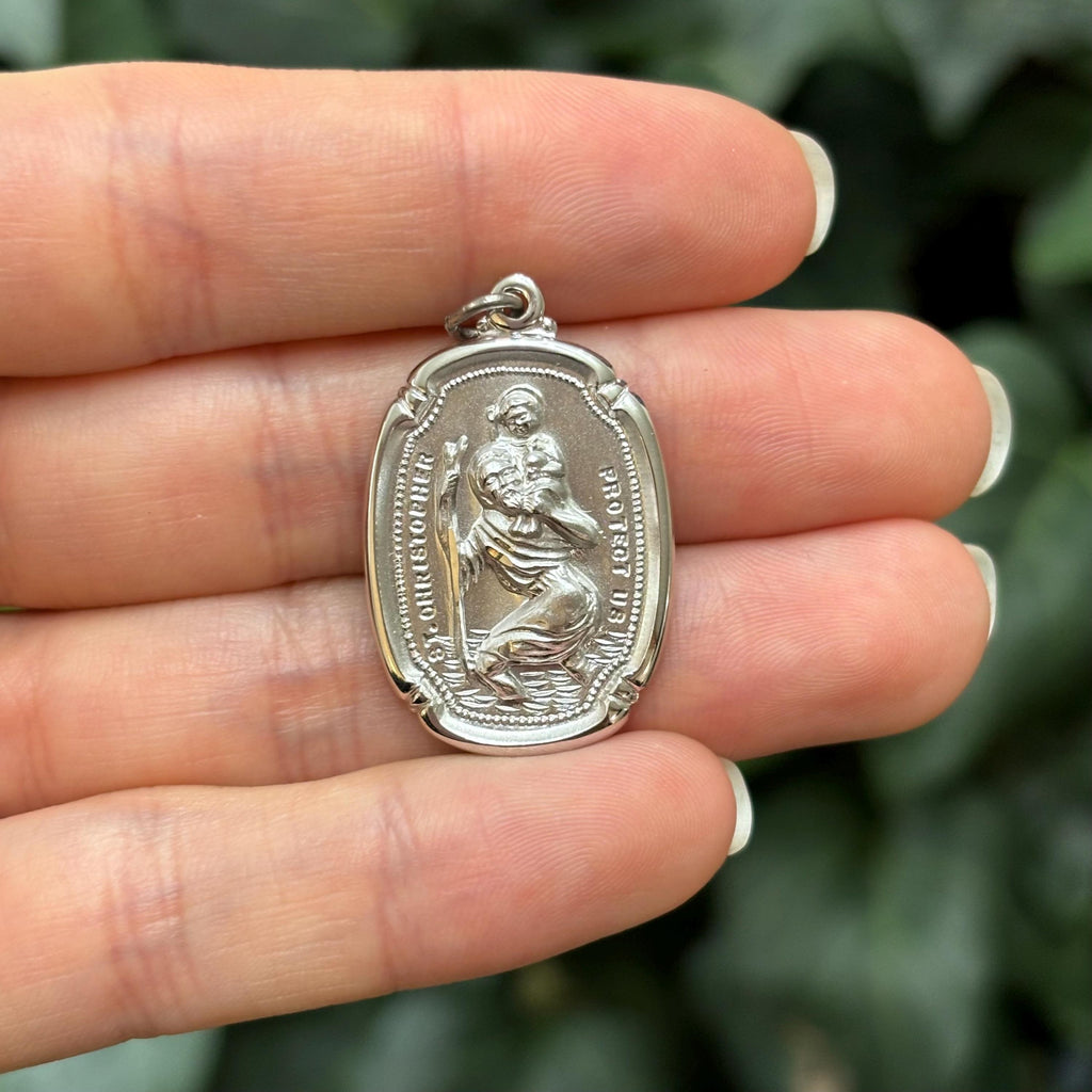 Sterling Silver St Christopher Framed Oval Pendant 31mm x 20mm Matte