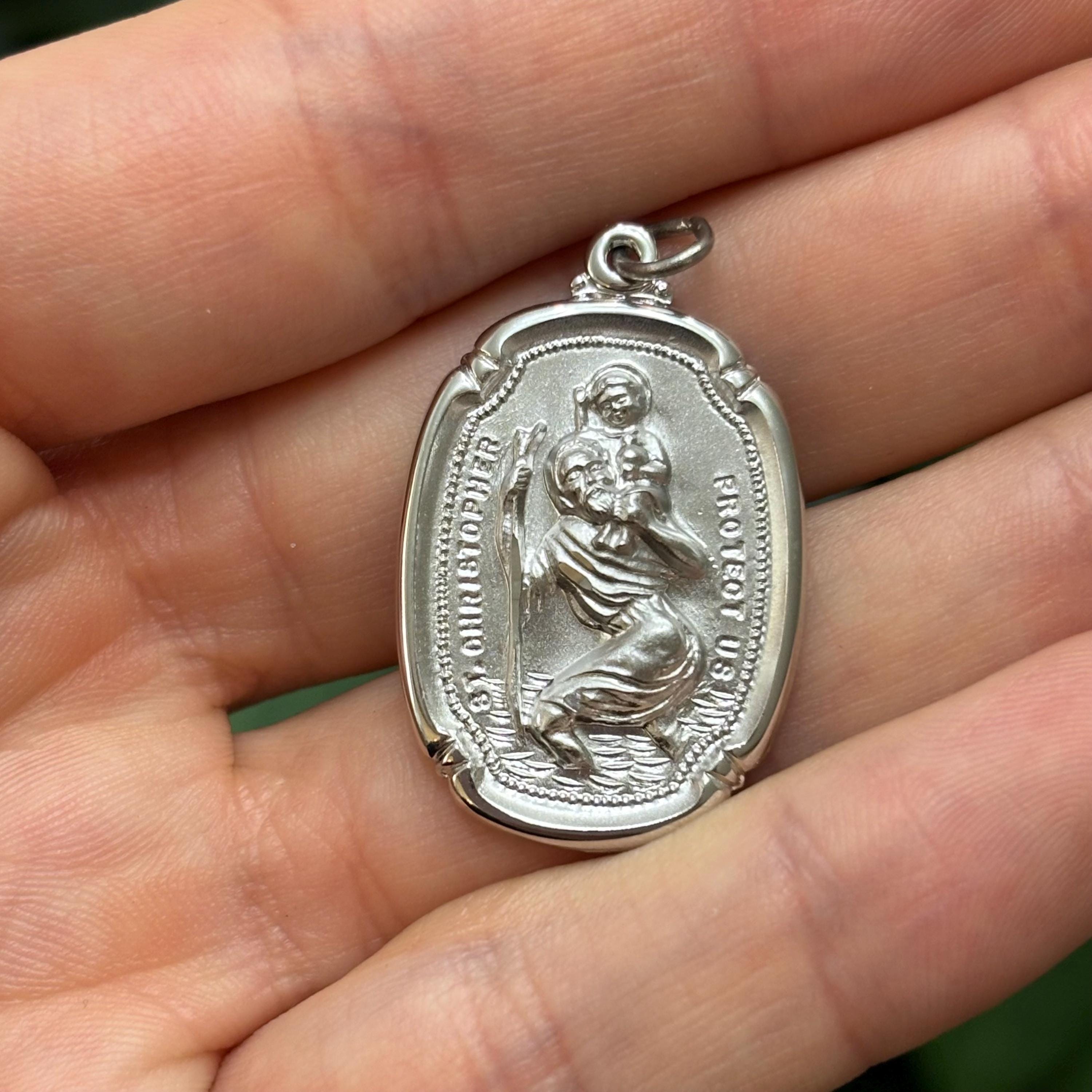 Sterling Silver St Christopher Framed Oval Pendant 31mm x 20mm Matte