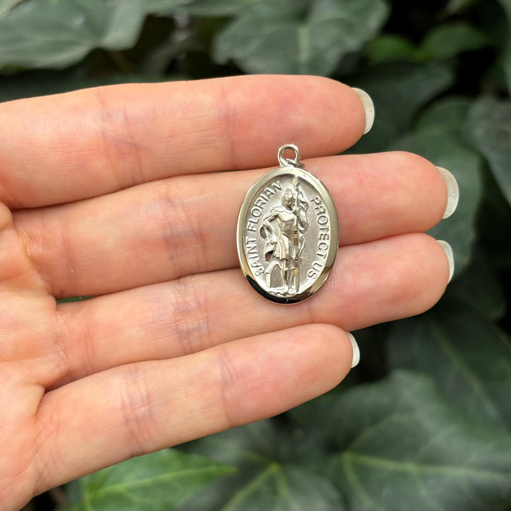 Sterling Silver St Florian Oval Medal Pendant 28mm x 20mm