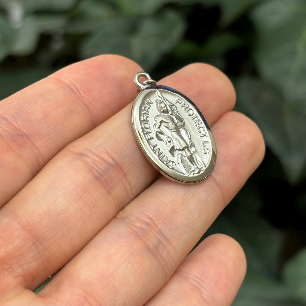 Sterling Silver St Florian Oval Medal Pendant 28mm x 20mm