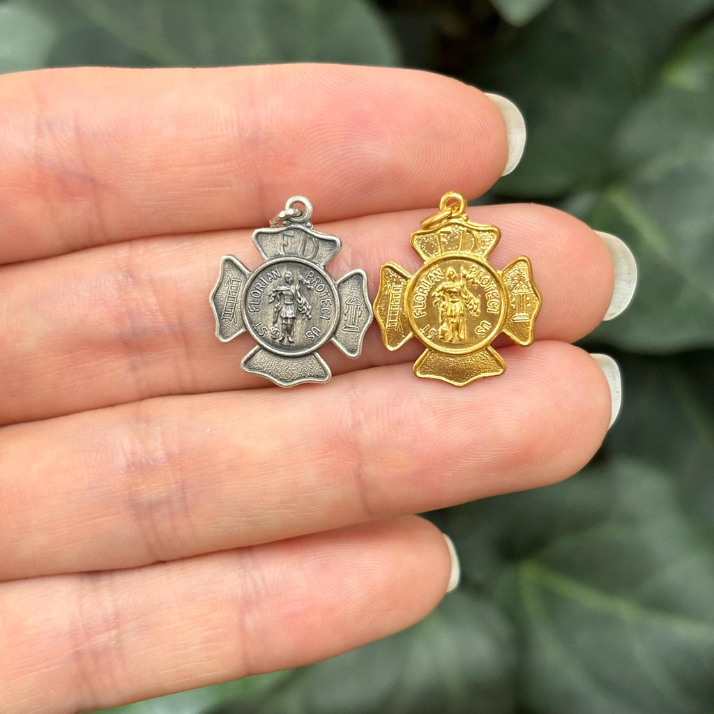 Sterling Silver or 24KT Yellow Gold-Plated St Florian Fireman Badge Medal Pendant 17mm