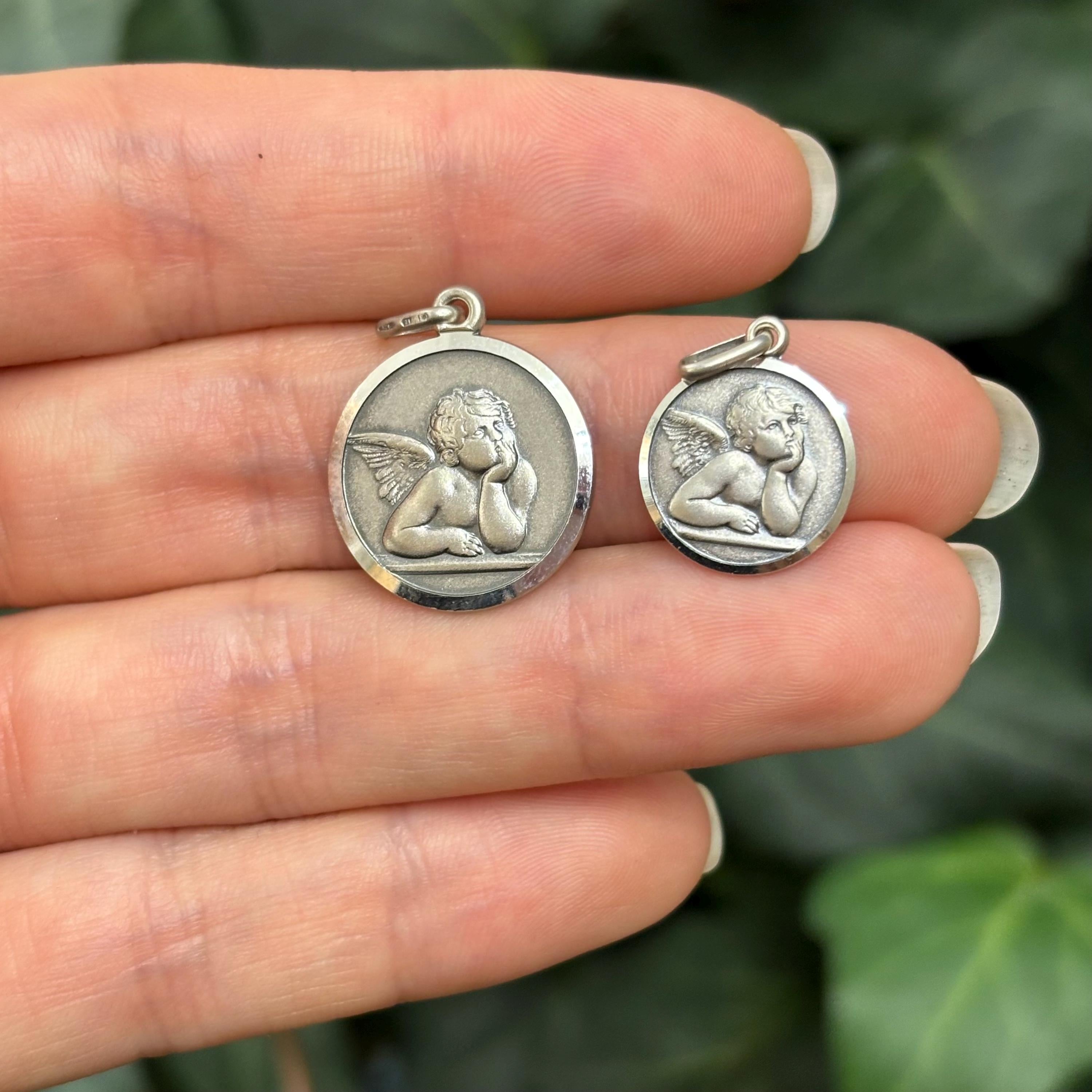Sterling Silver Raphael Angel Round Medal Charm Pendant