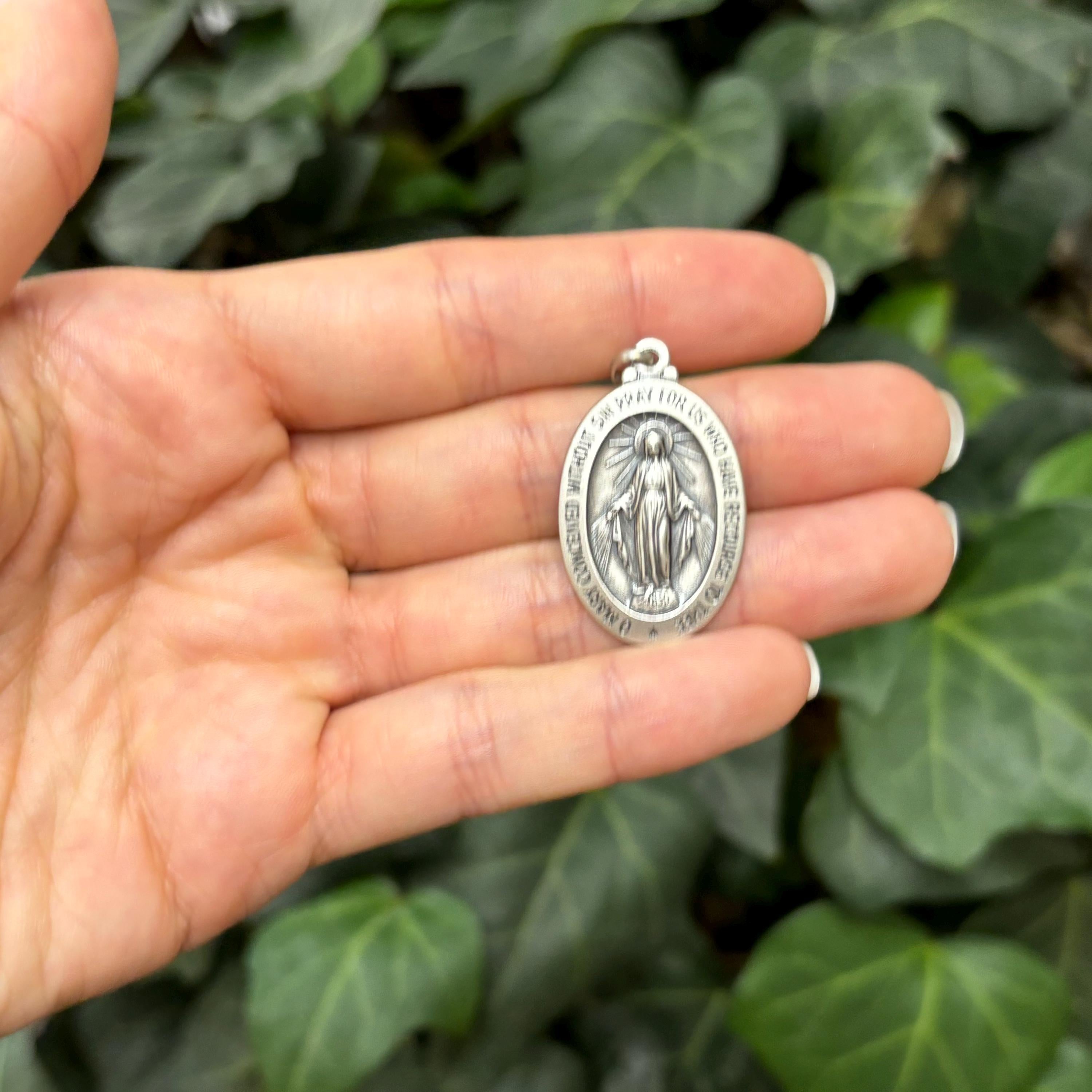 Sterling Silver Miraculous Medal Oval Medal Pendant 34mm x 30mm