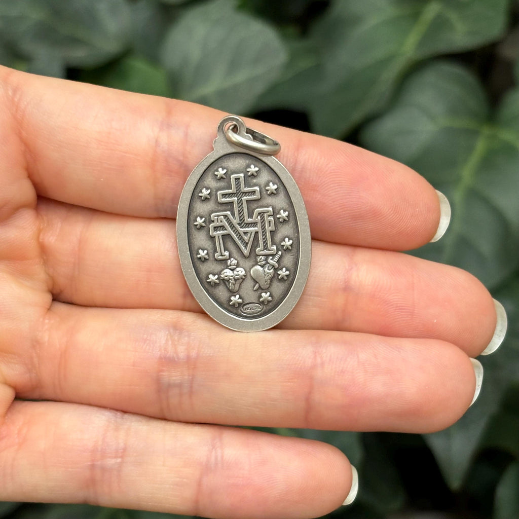 Sterling Silver Miraculous Medal Oval Medal Pendant 34mm x 30mm