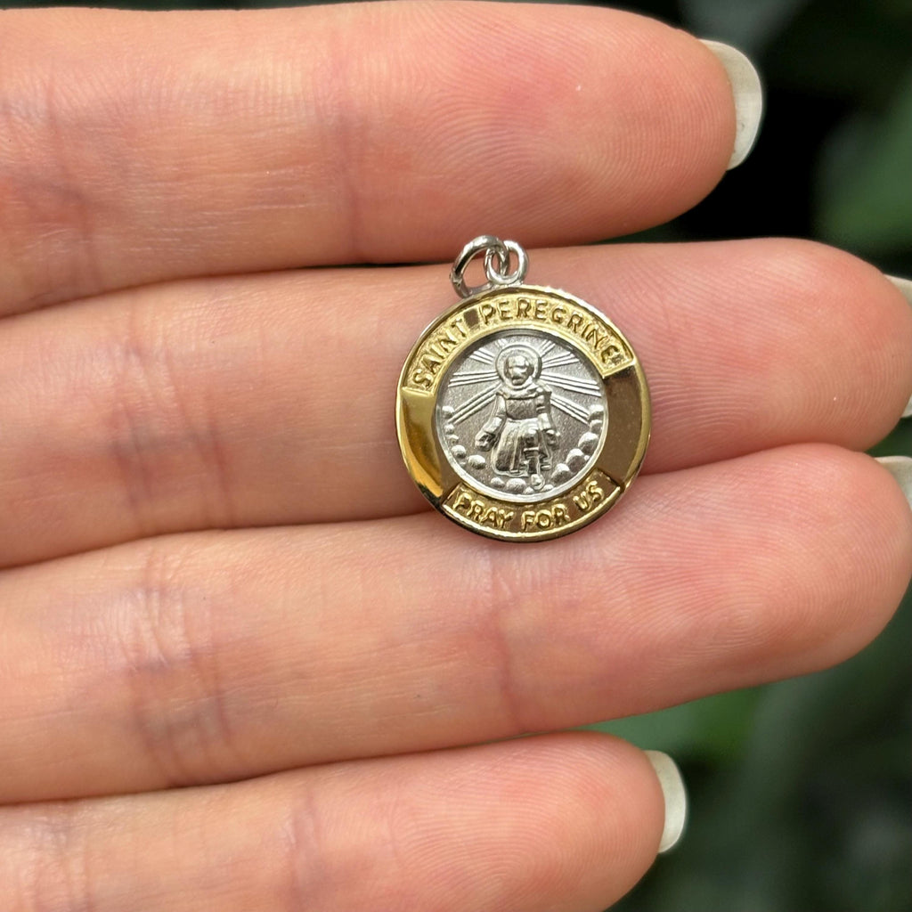 Sterling Silver Gold-Tone St Peregrine Round Medal Pendant 15mm