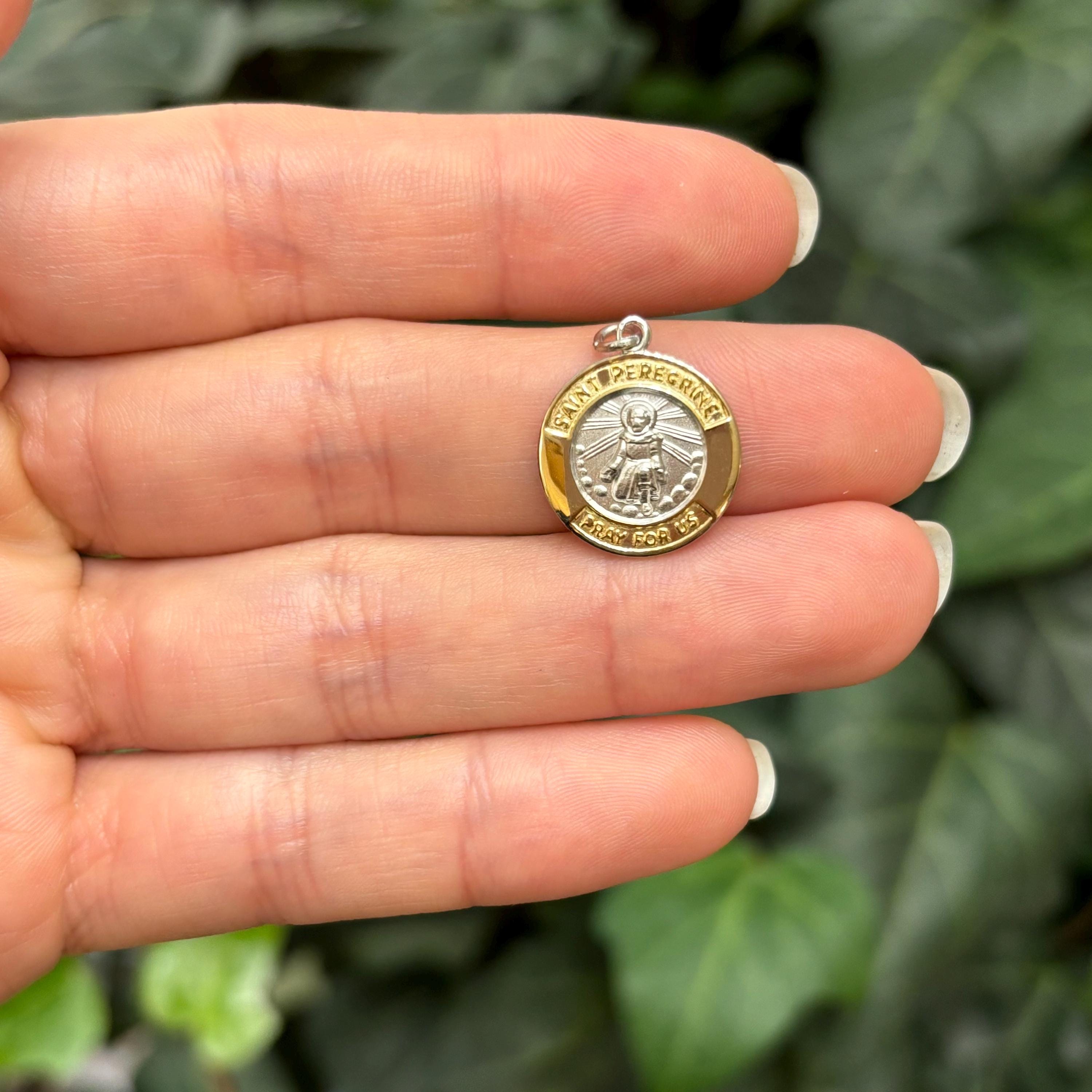 Sterling Silver Gold-Tone St Peregrine Round Medal Pendant 15mm