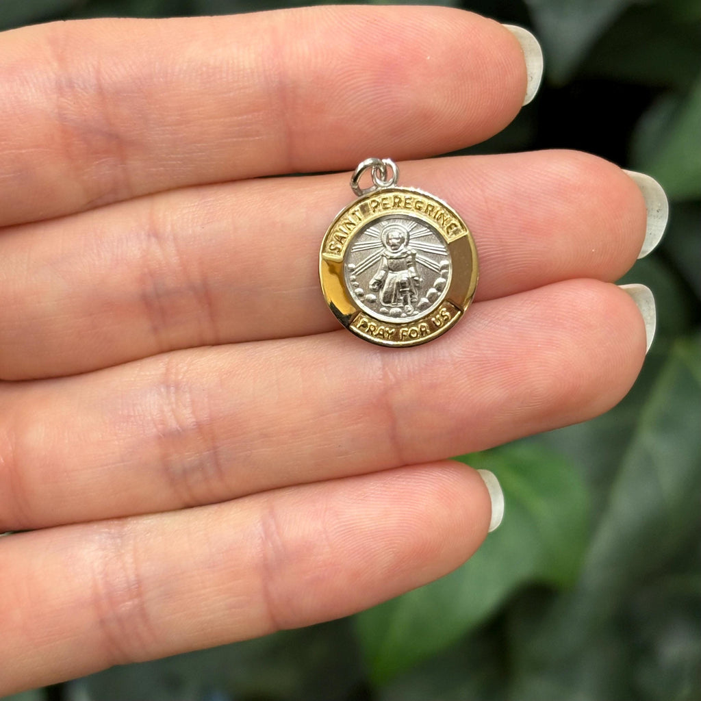 Sterling Silver Gold-Tone St Peregrine Round Medal Pendant 15mm