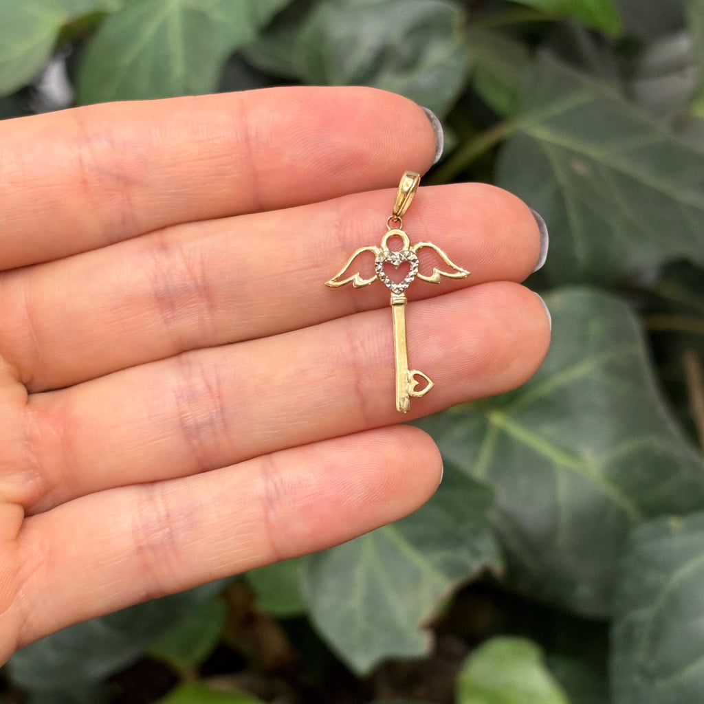 14K Gold Heart Key with Wings Charm Pendant Small Two Tone