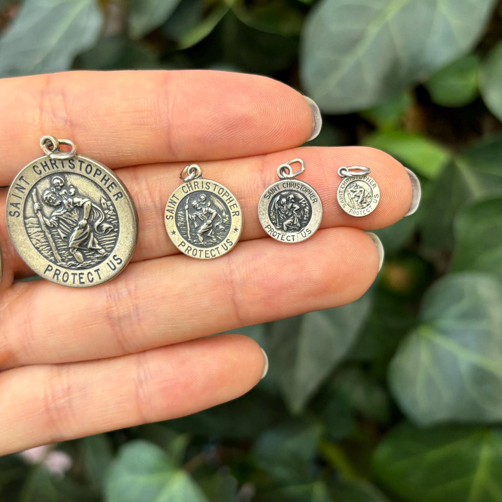 Sterling Silver St Christopher Round Antiqued Charm Pendant Choose Your Size