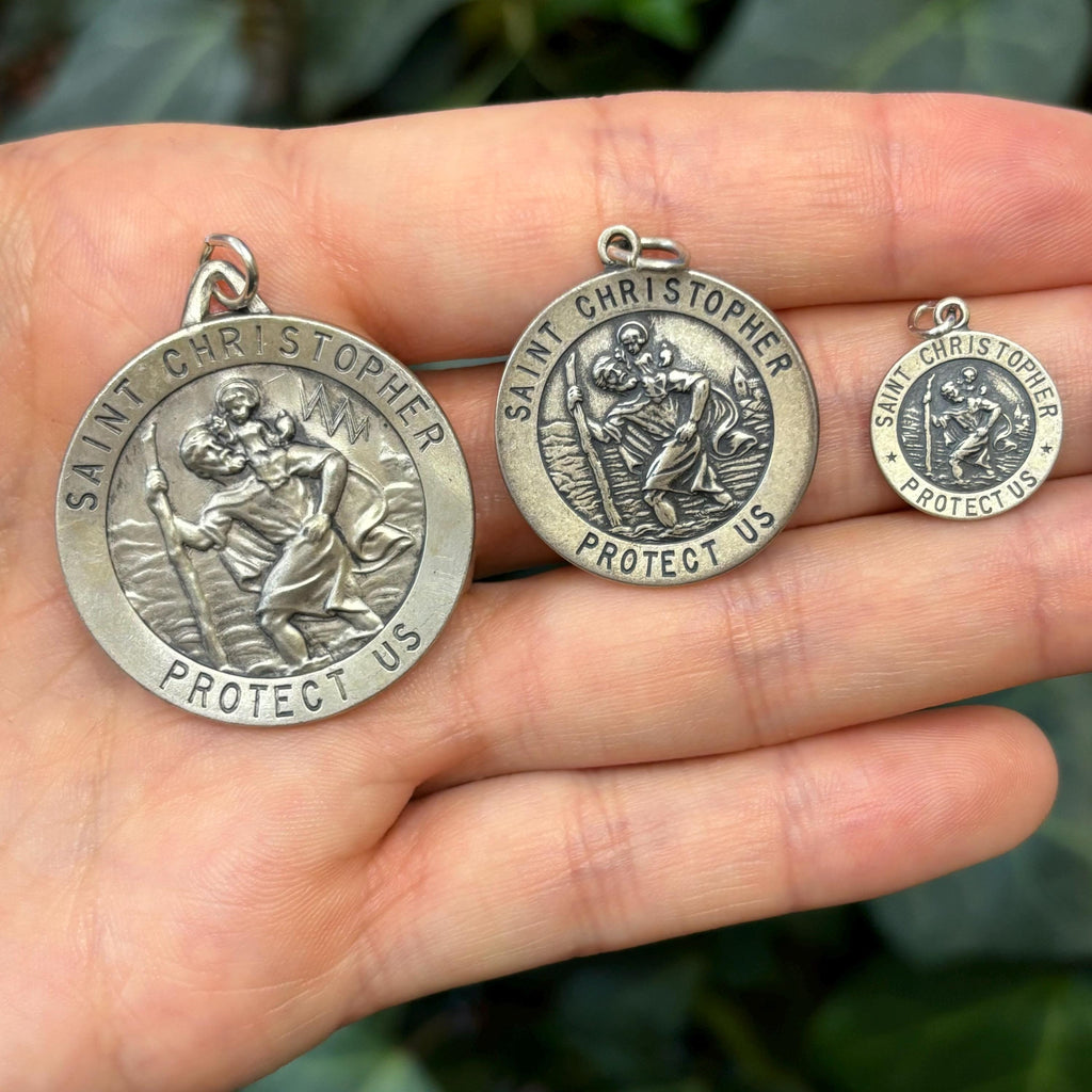Sterling Silver St Christopher Round Antiqued Charm Pendant Choose Your Size