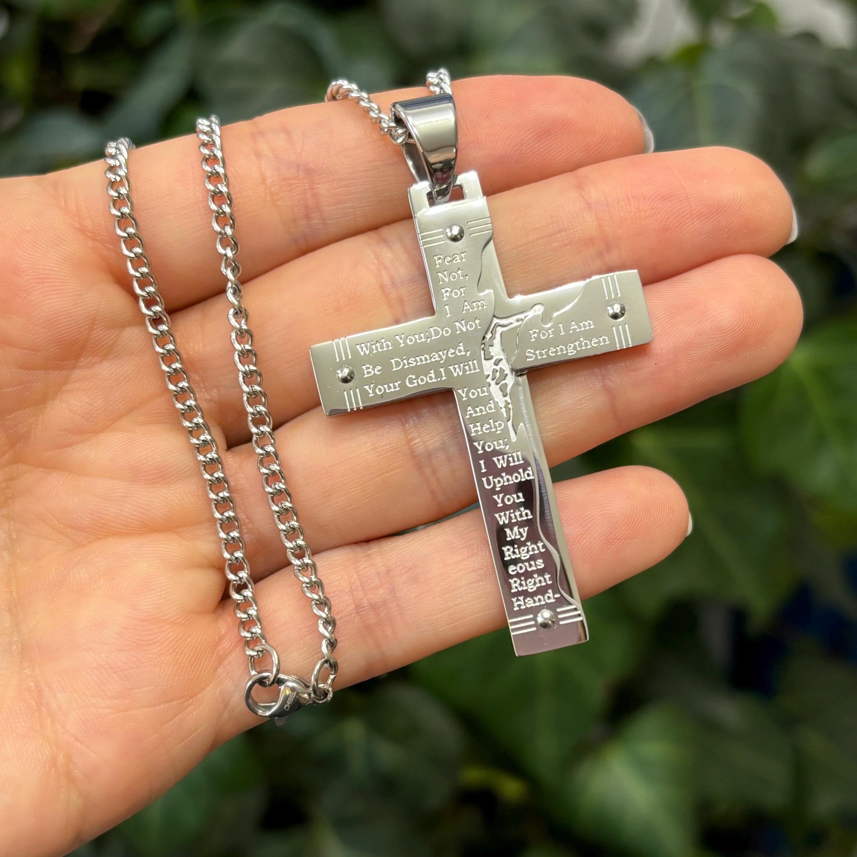 Stainless Steel Isaiah 41:10 Cross Pendant Necklace
