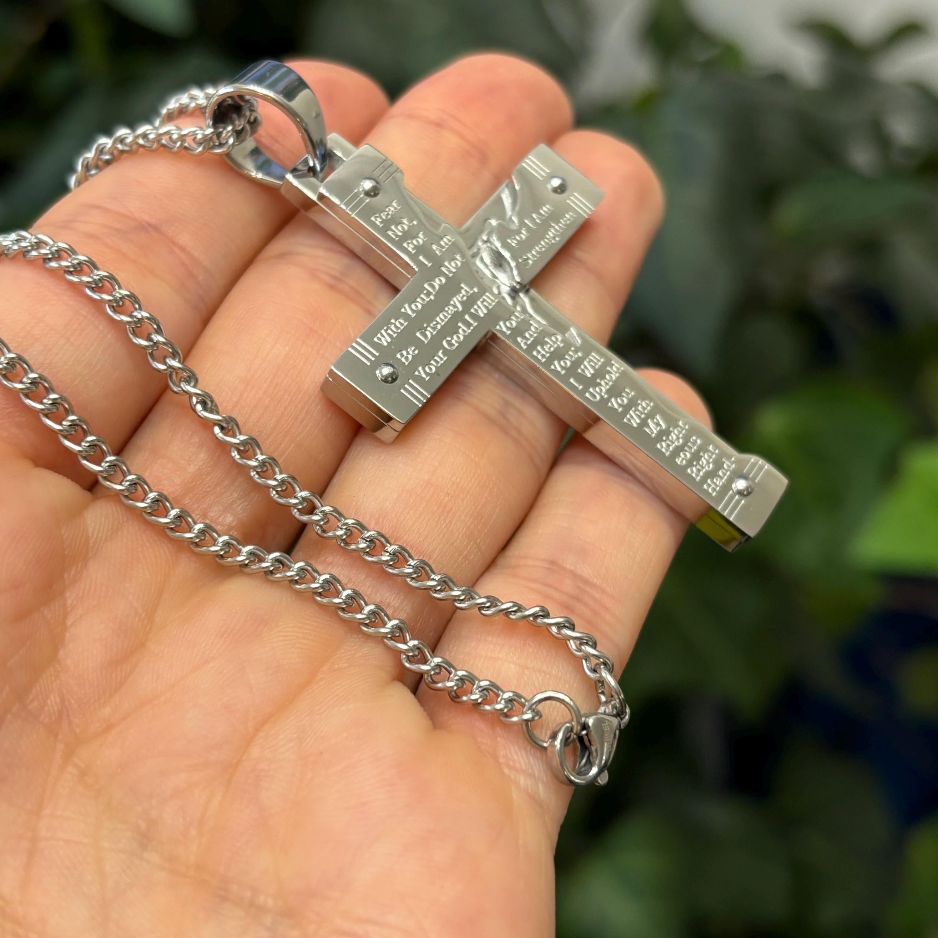 Stainless Steel Isaiah 41:10 Cross Pendant Necklace