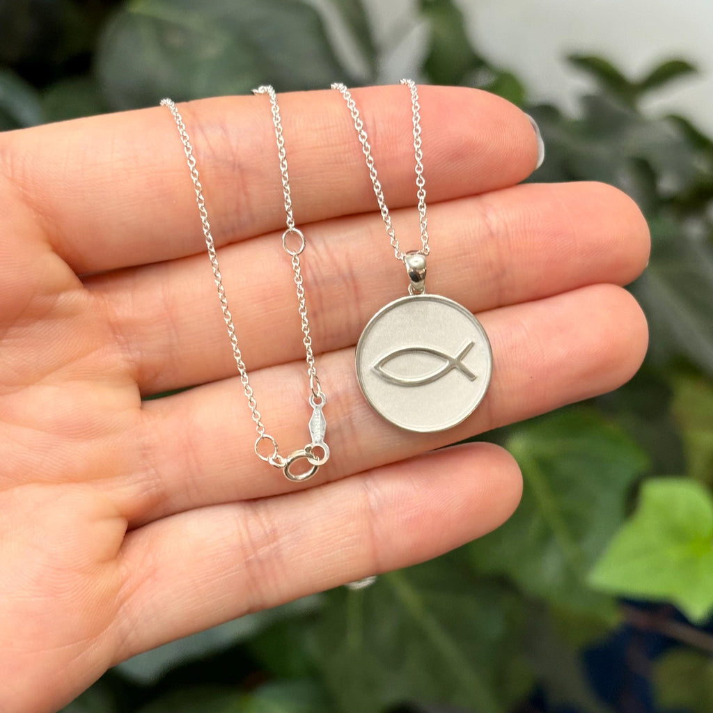 Sterling Silver Ichthus Cross Fish Round Medal Pendant Necklace