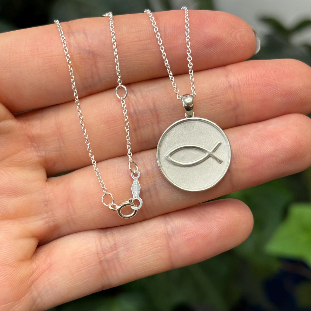Sterling Silver Ichthus Cross Fish Round Medal Pendant Necklace