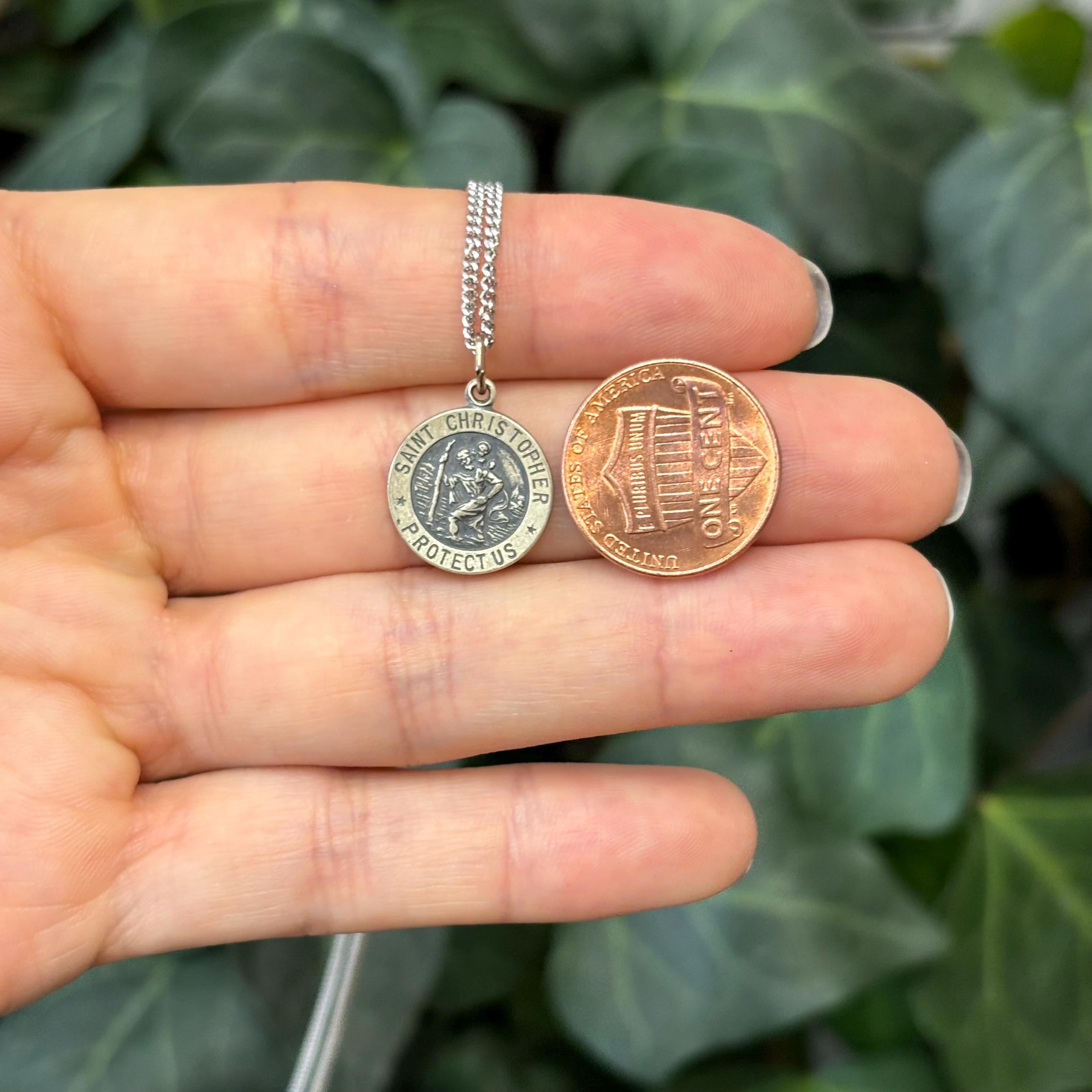 Sterling Silver St Christopher Round Medal Pendant Necklace 15mm
