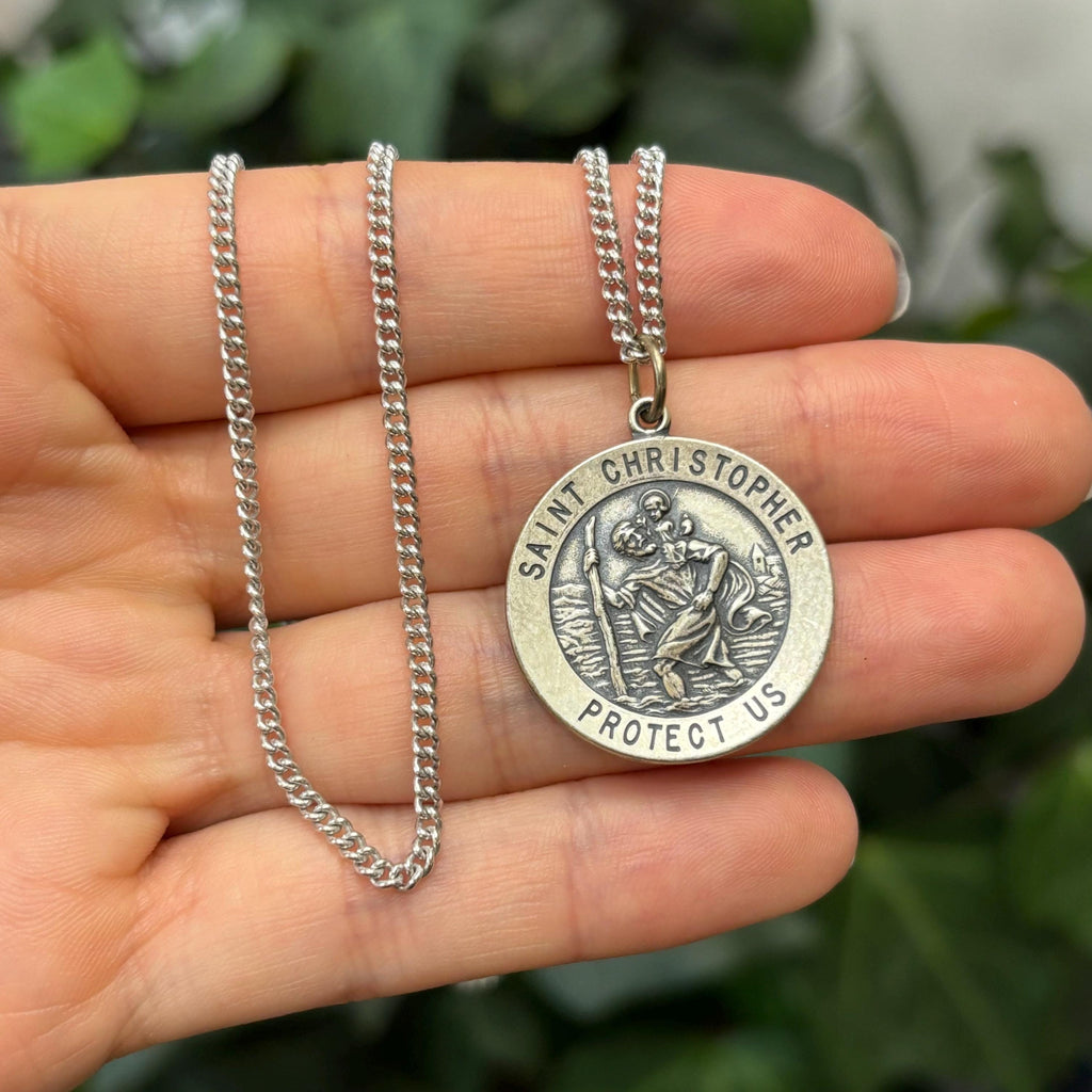 Sterling Silver St Christopher Round Medal Pendant Necklace 25mm