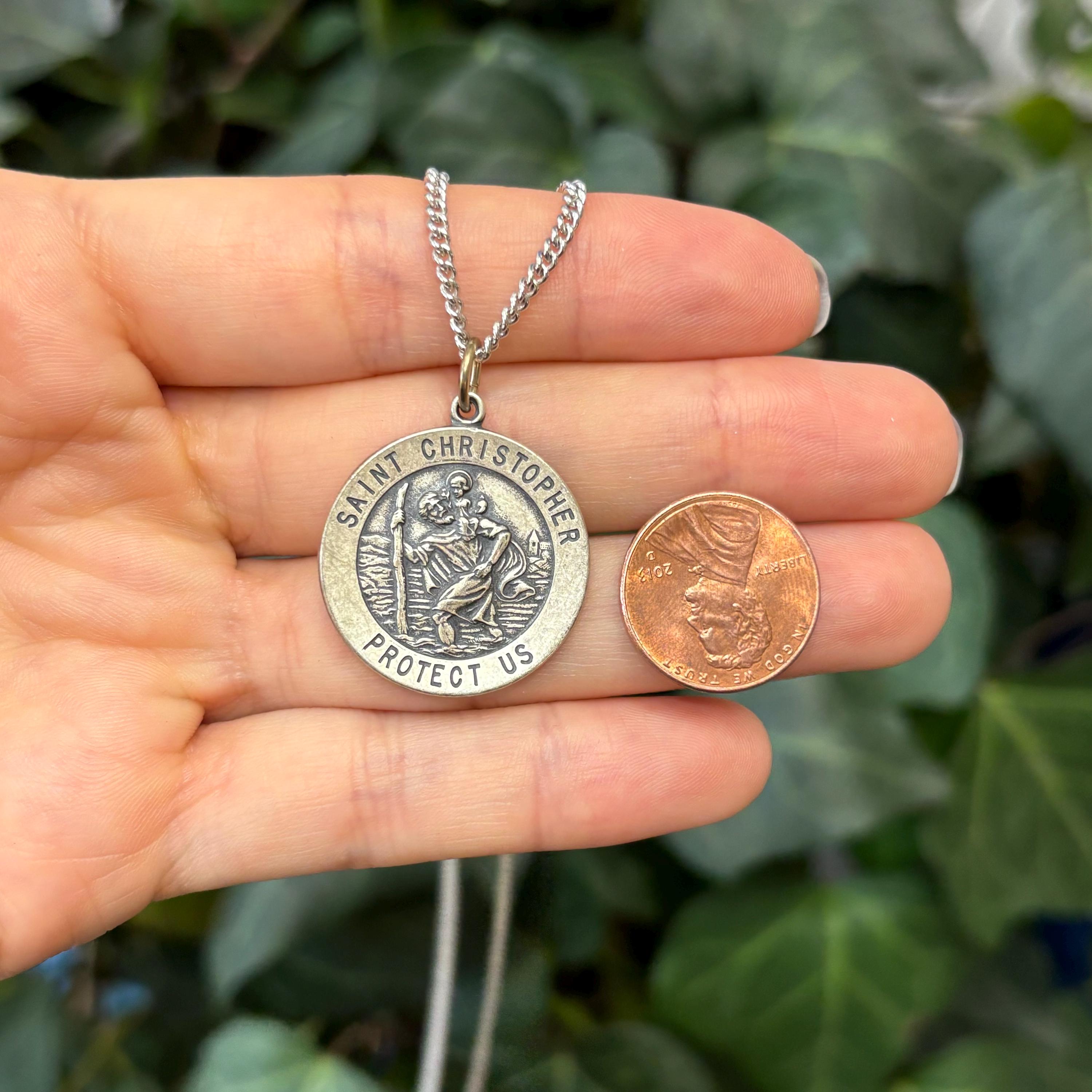 Sterling Silver St Christopher Round Medal Pendant Necklace 25mm