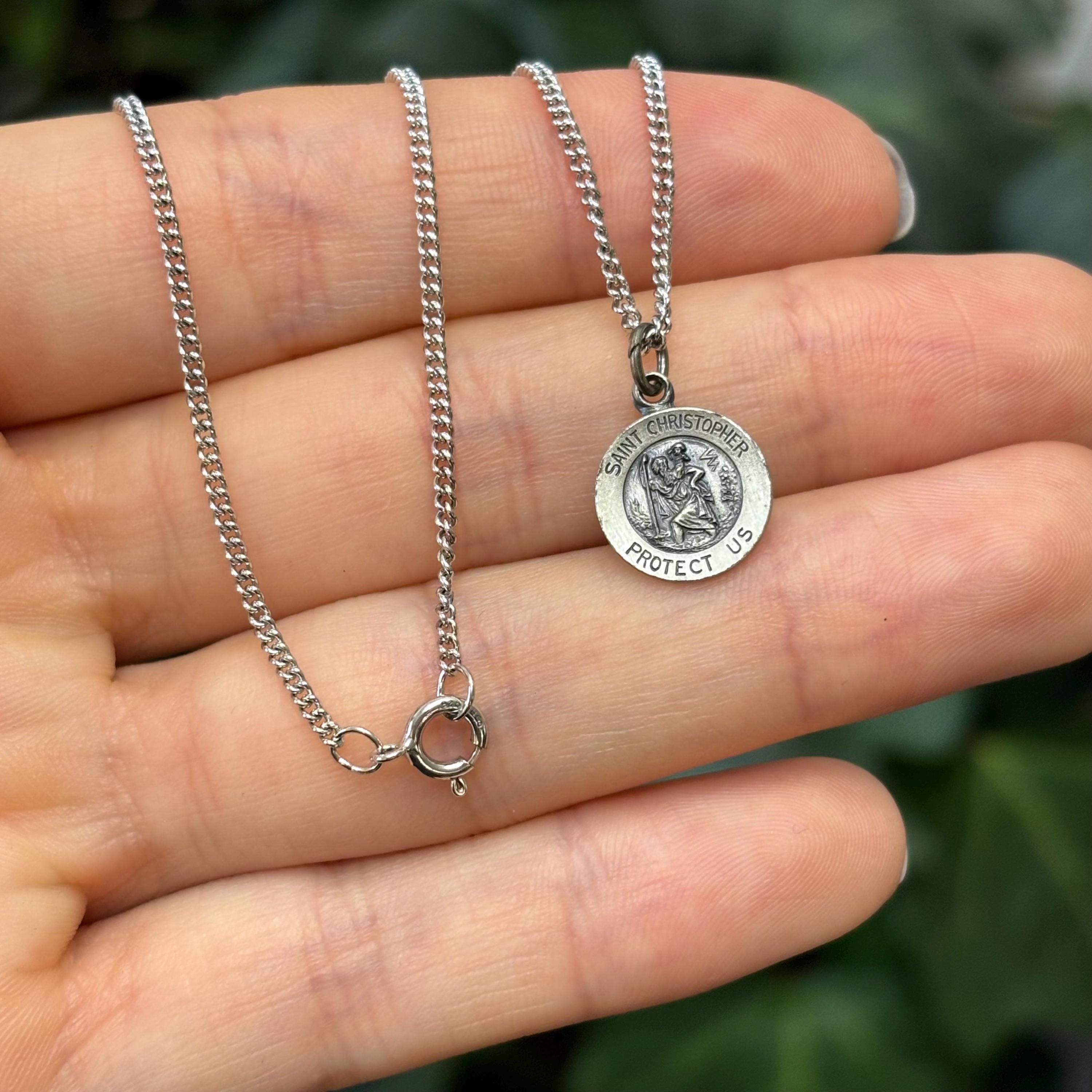 Sterling Silver St Christopher Round Medal Pendant Necklace 12mm