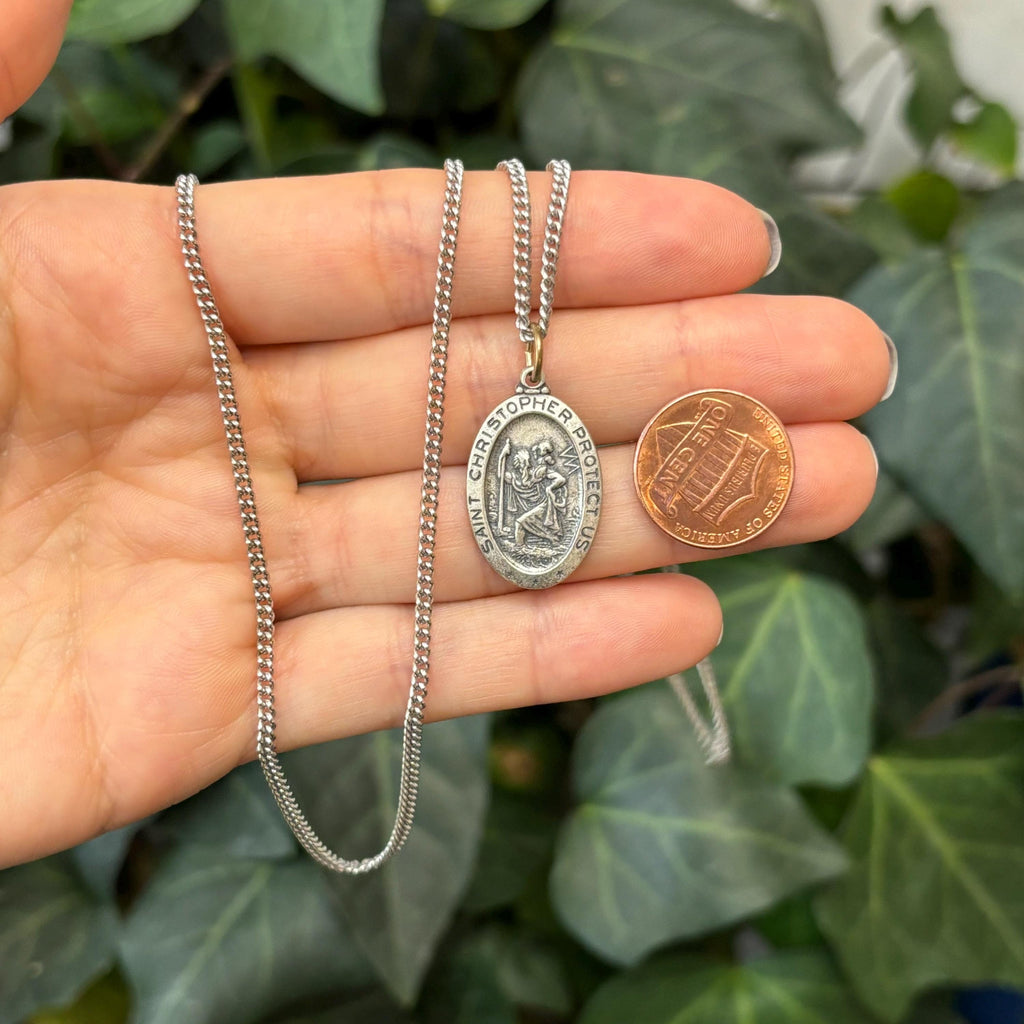 Sterling Silver St Christopher Oval Medal Pendant Necklace 26mm x 16mm
