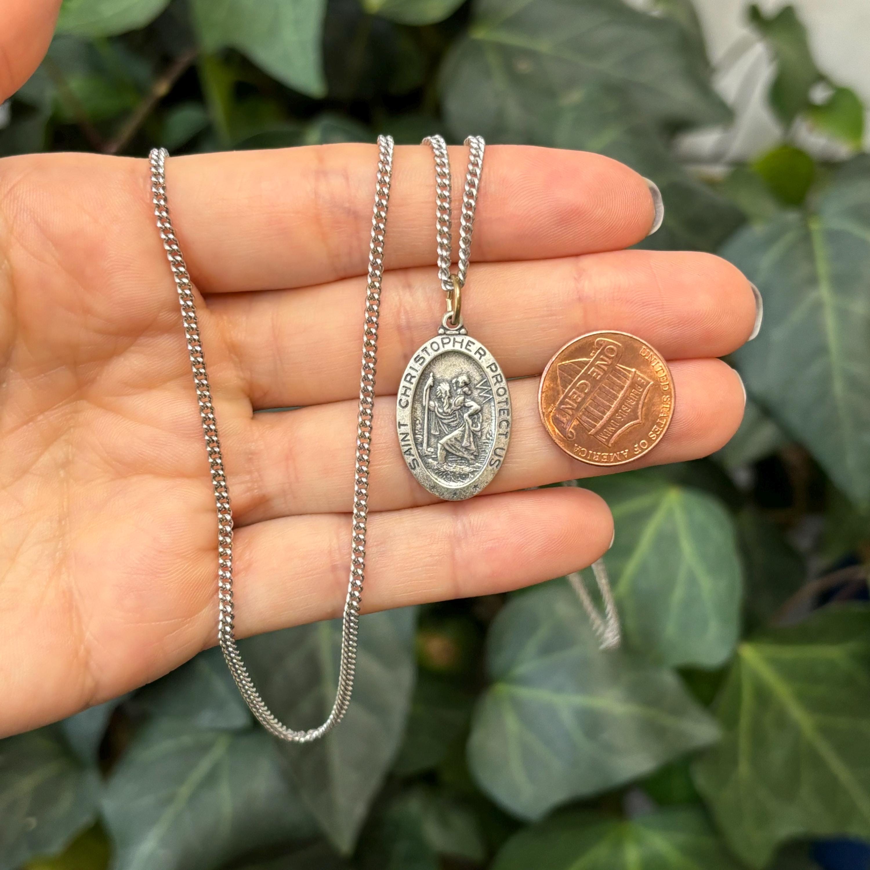 Sterling Silver St Christopher Oval Medal Pendant Necklace 26mm x 16mm