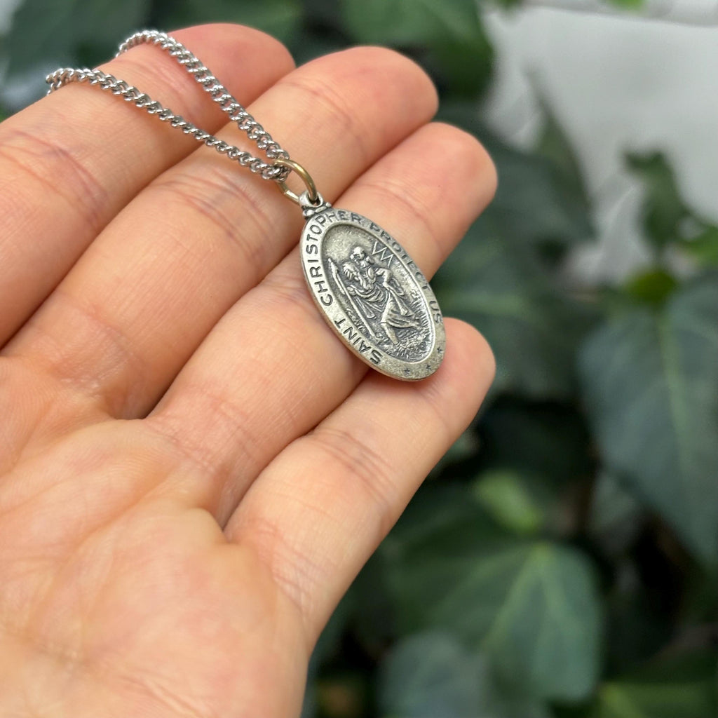 Sterling Silver St Christopher Oval Medal Pendant Necklace 26mm x 16mm