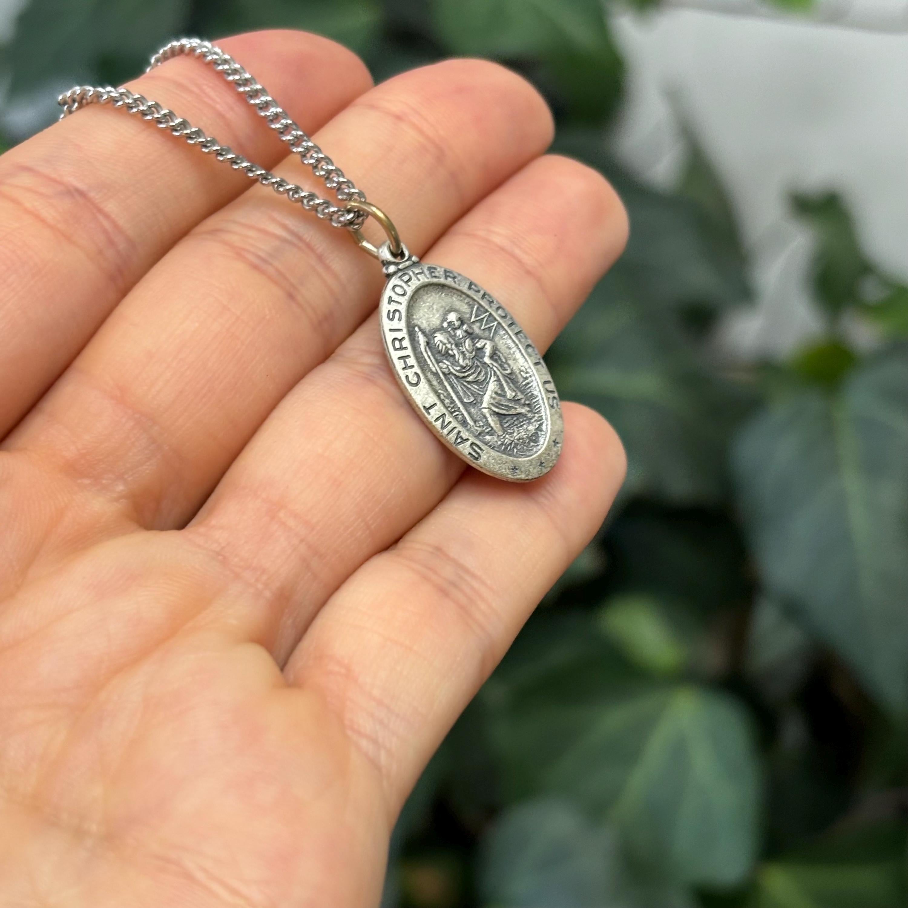 Sterling Silver St Christopher Oval Medal Pendant Necklace 26mm x 16mm
