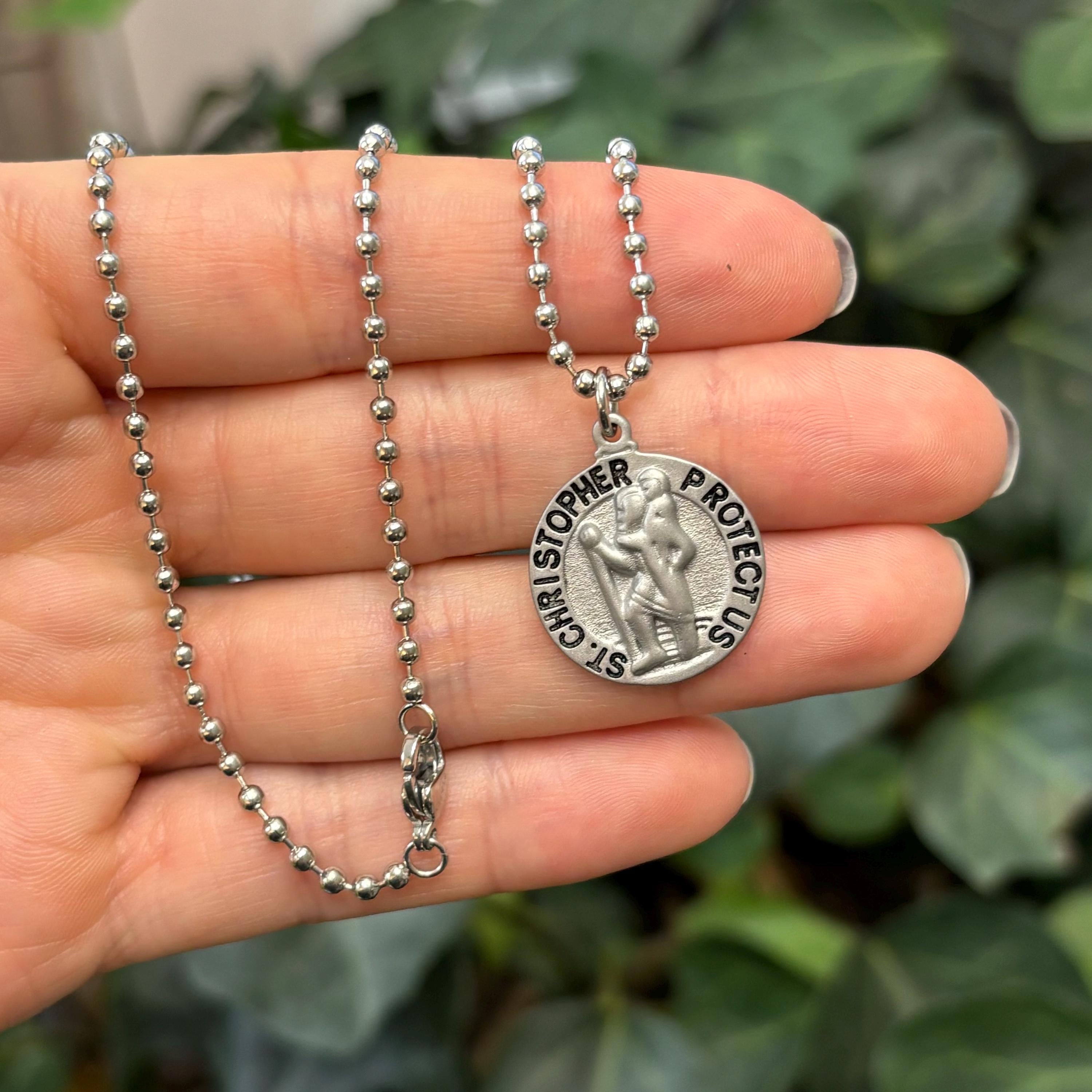 Stainless Steel St Christopher Round Medal Pendant Necklace 20mm