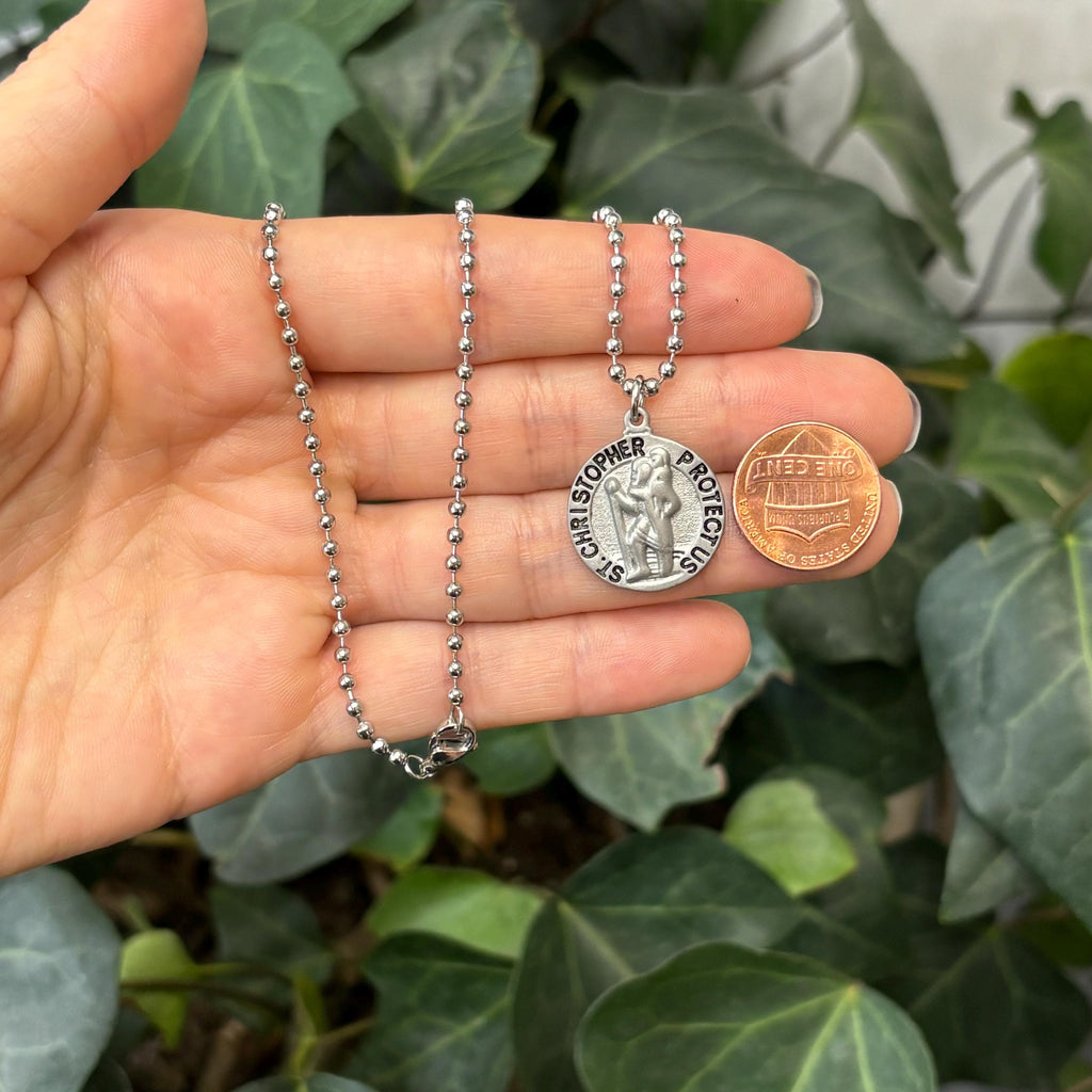 Stainless Steel St Christopher Round Medal Pendant Necklace 20mm