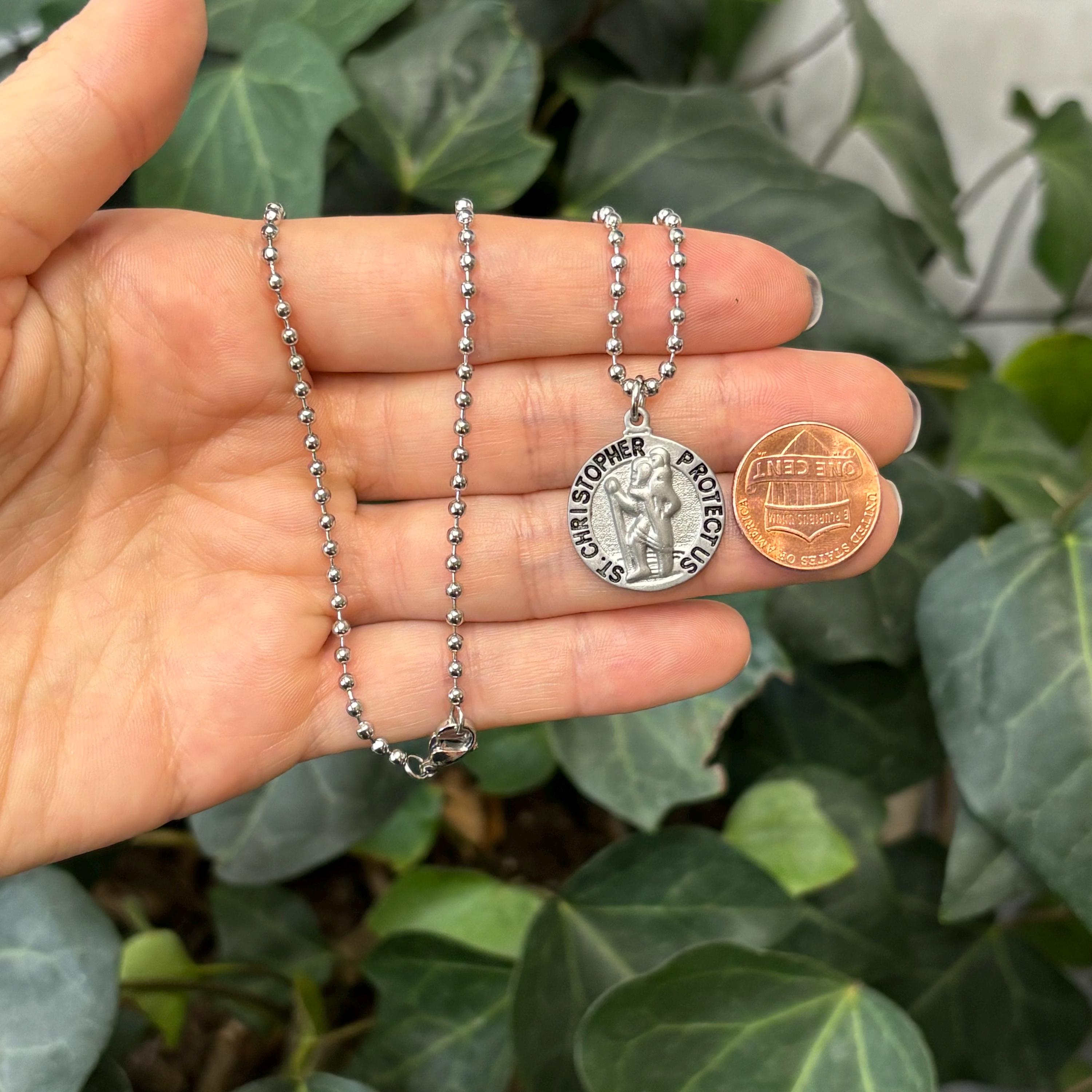 Stainless Steel St Christopher Round Medal Pendant Necklace 20mm
