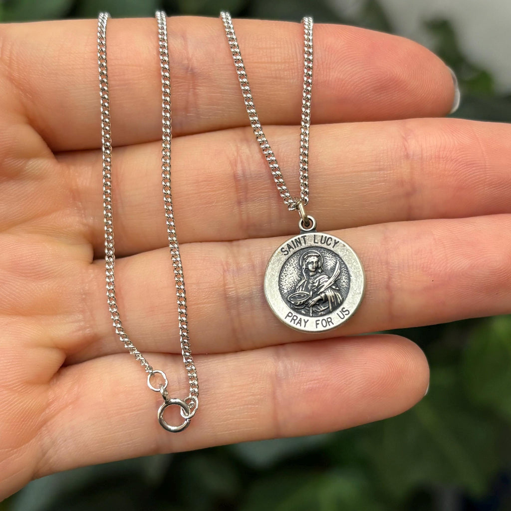 Sterling Silver St Lucy Round Medal Pendant Necklace 15mm