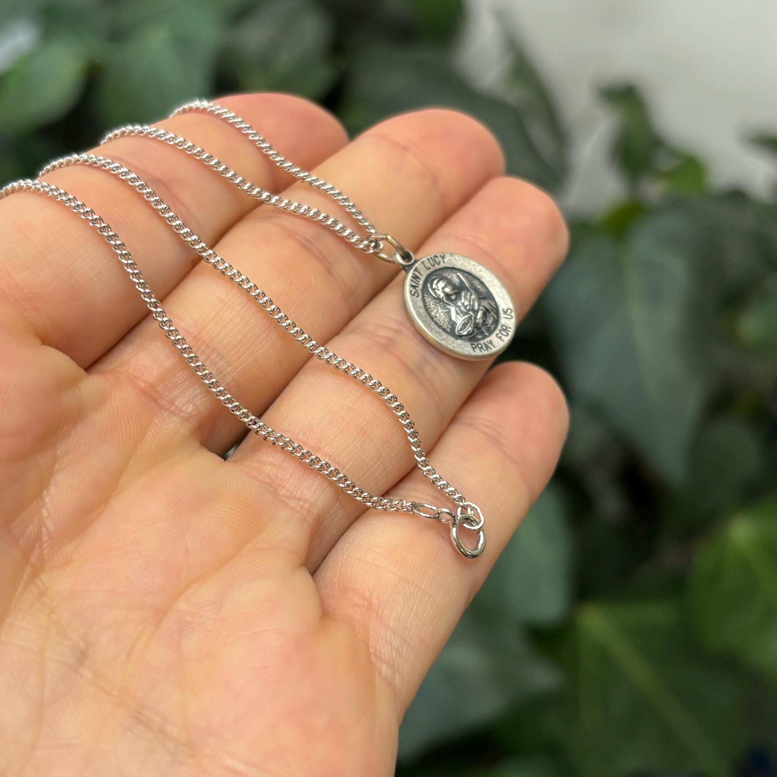 Sterling Silver St Lucy Round Medal Pendant Necklace 15mm