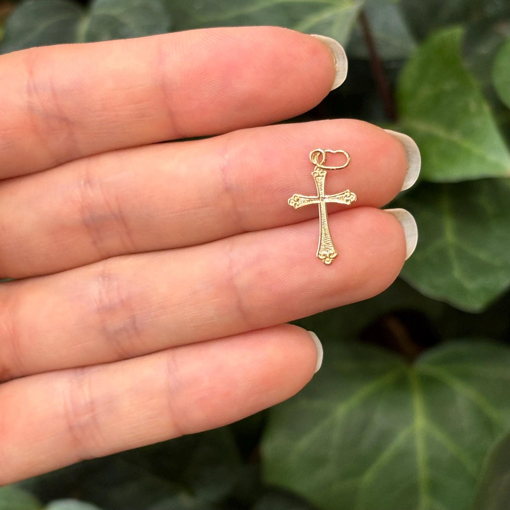 14k Gold Textured Swirl Small Cross Charm Pendant