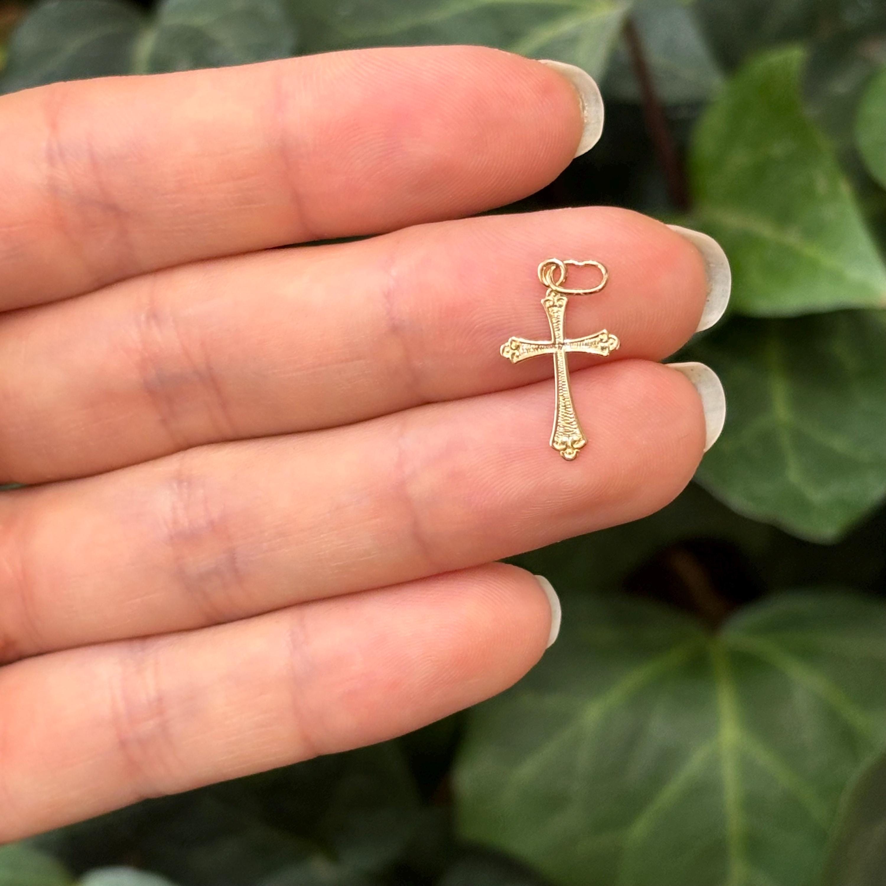 14k Gold Textured Swirl Small Cross Charm Pendant