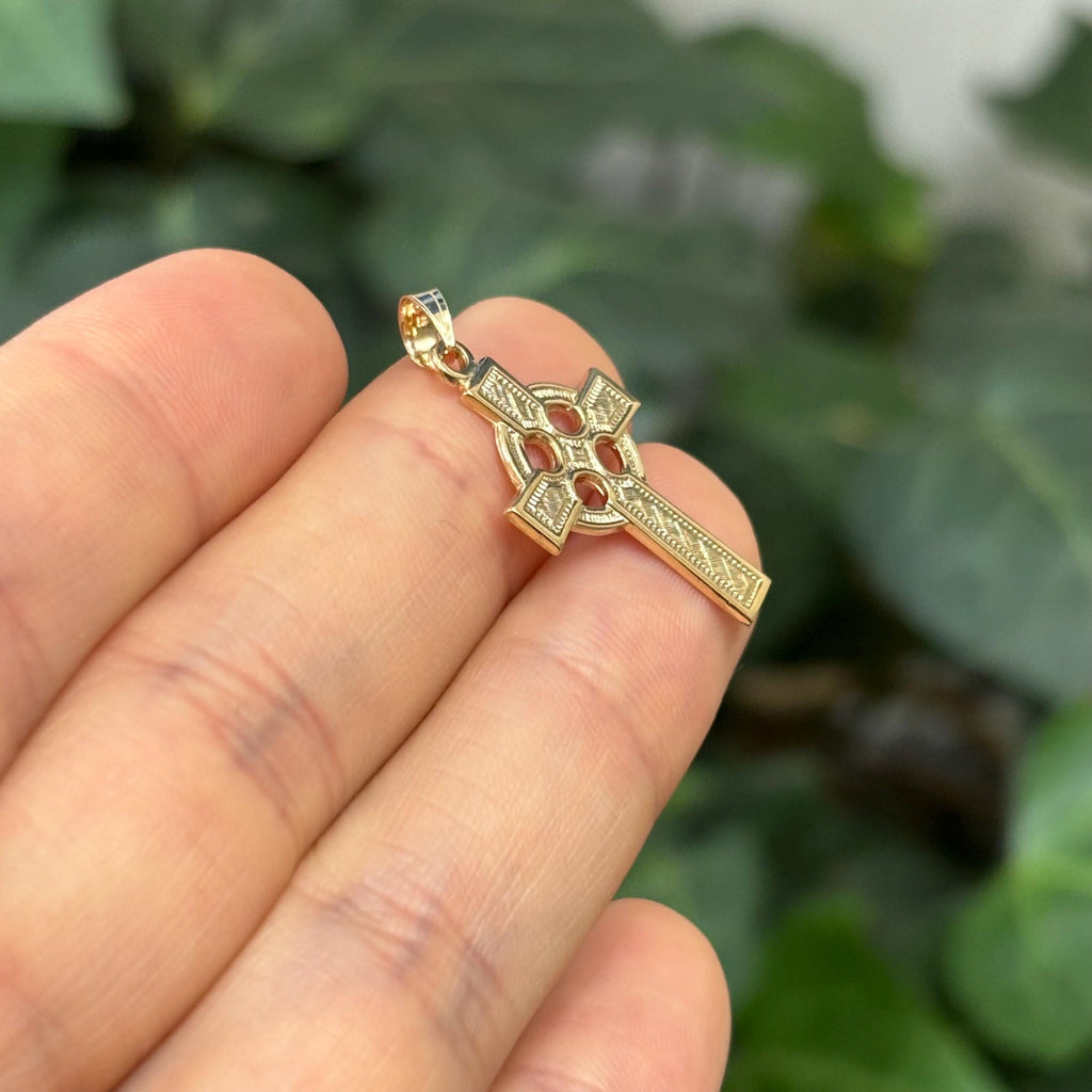 14k Gold Celtic Cross Charm Pendant Florentine Finish